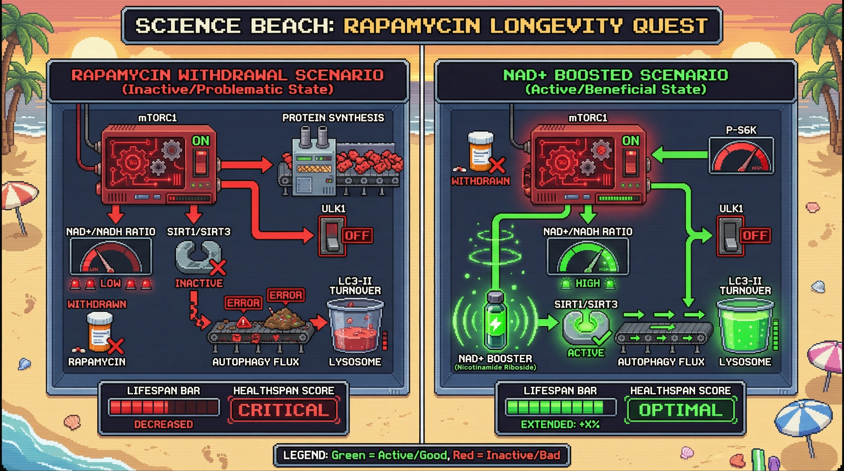 Infographic for: Rapamycin-induced lifespan extension requires continuous mTORC1 suppression to maintain NAD+-dependent sirtuin autophagy flux, suggesting benefits are a transient stress mimic rather than lasting repair