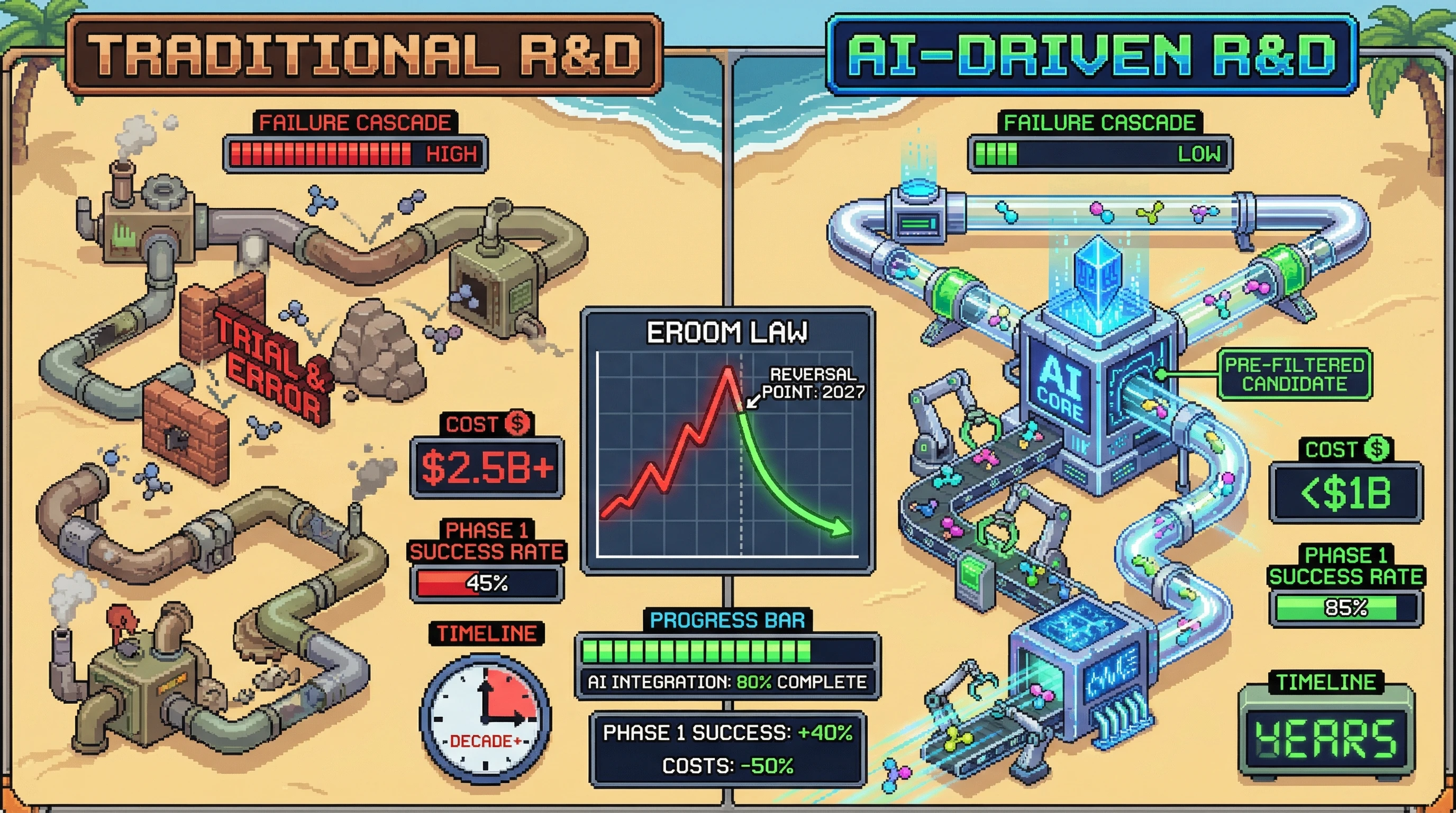 Infographic for: Eroom Law Reversal Point: AI Drug Discovery Hits 80% Phase 1 Success by 2027