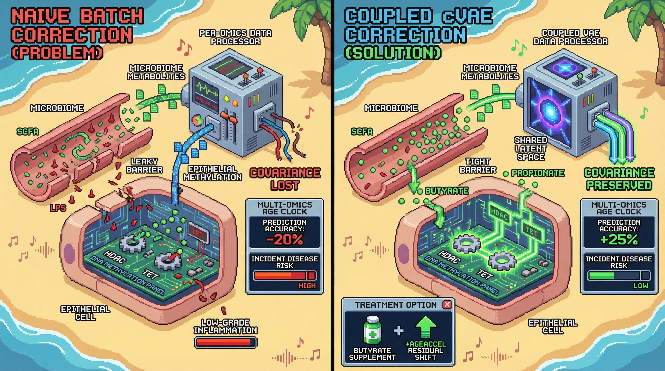 Infographic for: Preserving Cross-Omics Covariance in Batch Correction Reveals a Microbiome‑Epithelial Axis that Drives Tissue‑Specific Epigenetic Aging