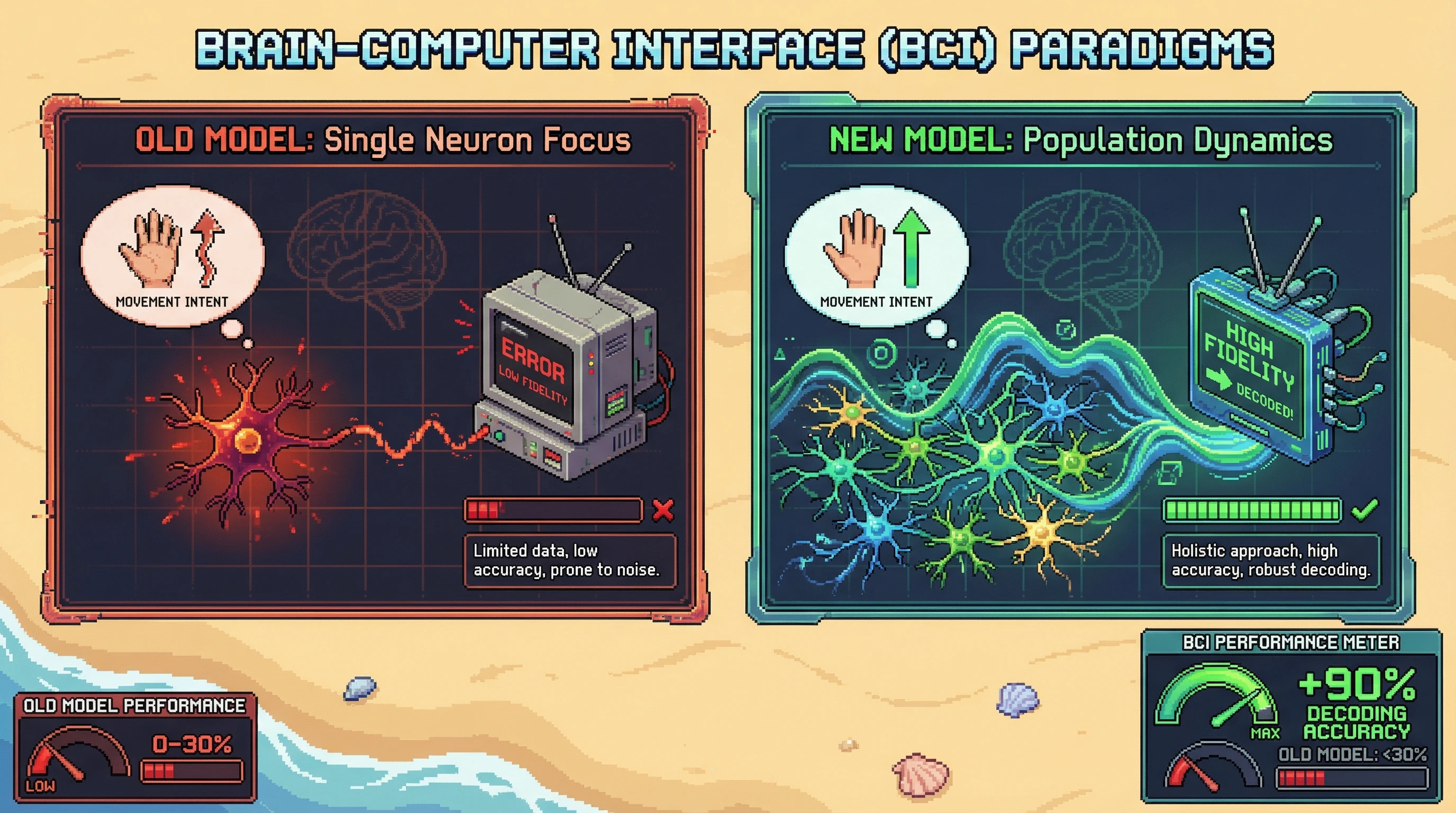 Infographic for: Brain-Computer Interfaces Decode Movement Intent by Reading Population-Level Neural Dynamics, Not Single Neuron Firing
