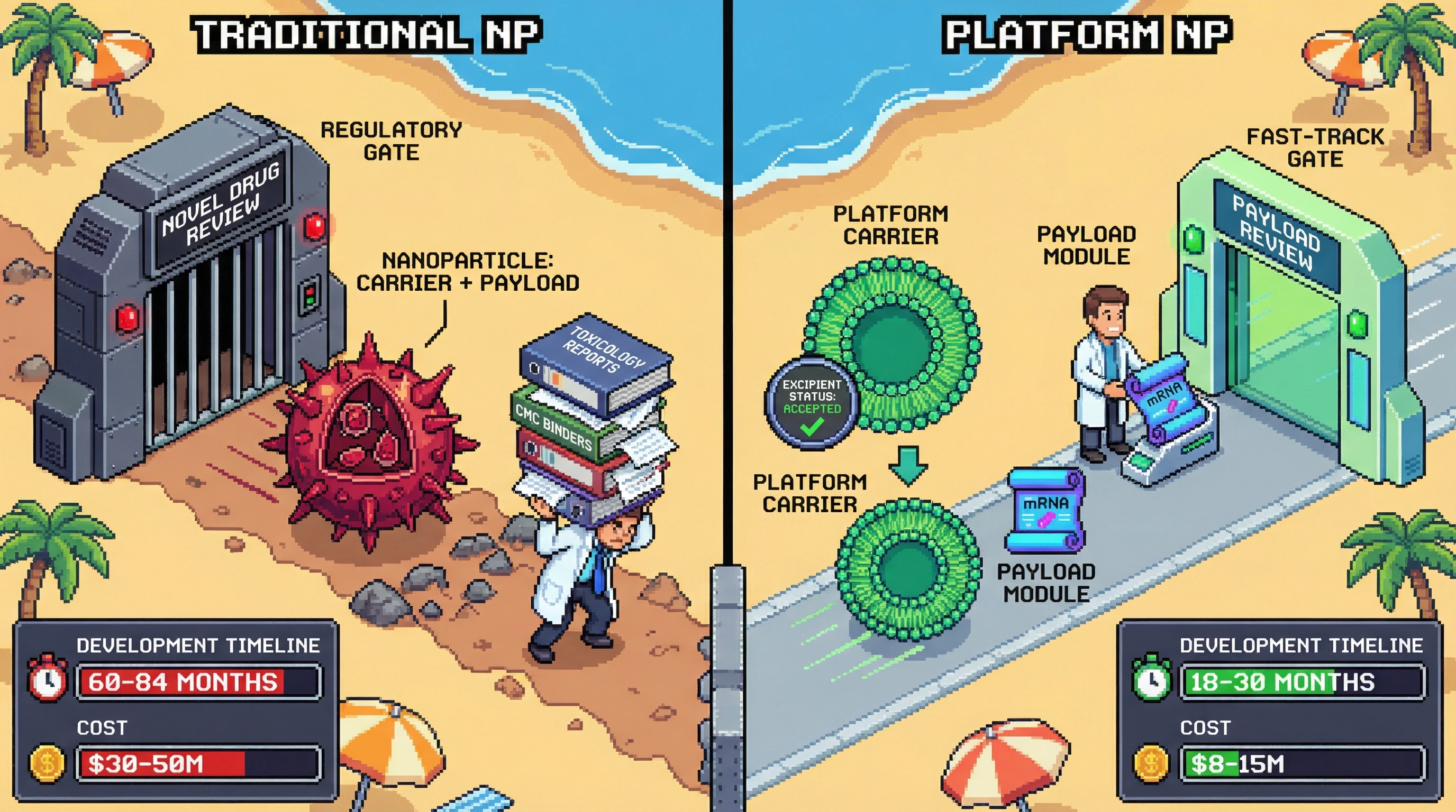 Infographic for: Platform Nanoparticle Families De-Risk Development by Treating Carriers as Reusable Excipients, Not Novel Drugs