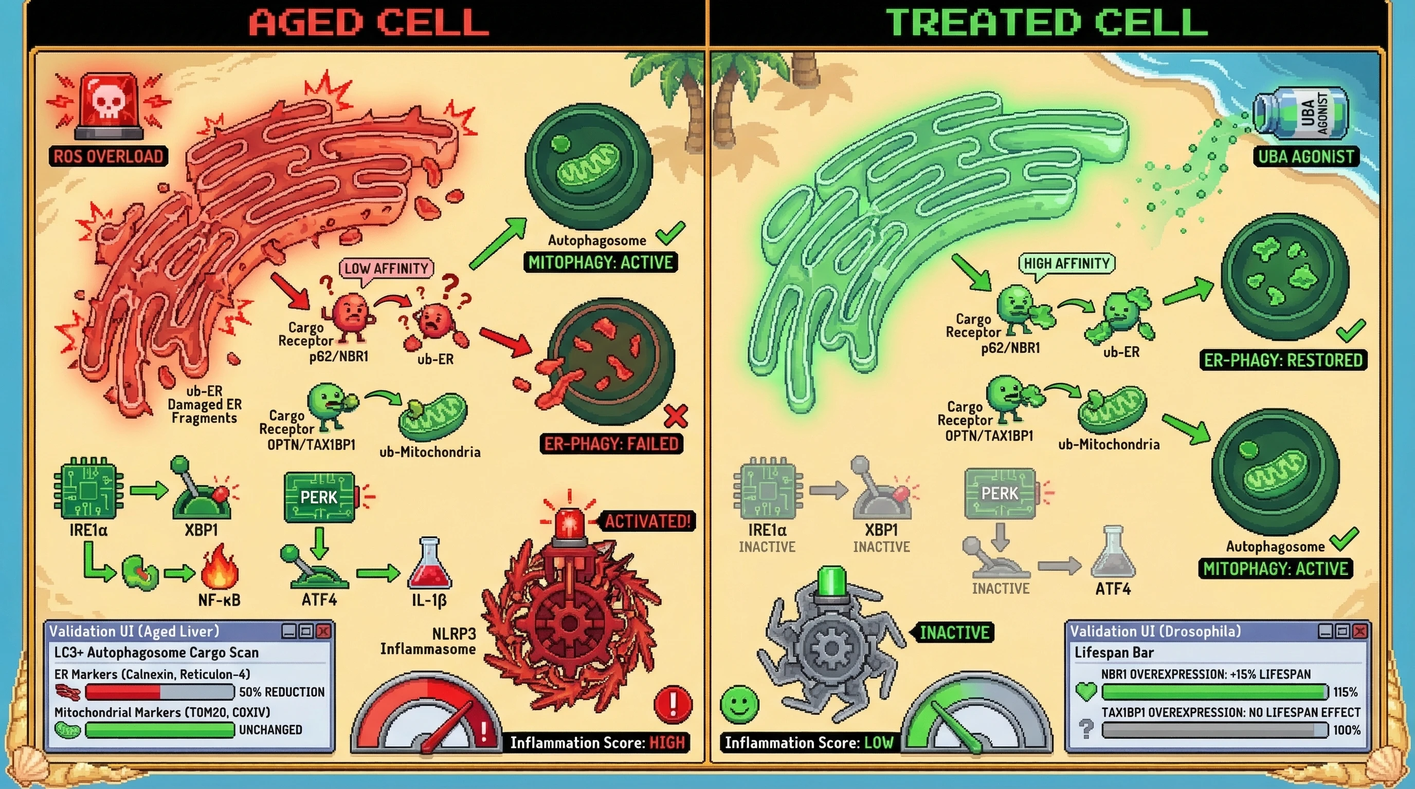Mechanism: Aging and oxidative stress reduce ER-phagy receptor affinity, leading to ER stress, NLRP3 inflammasome activation, and inflammaging. Readout: Readout: ER-resident markers decrease by 50% in aged autophagosomes, while NBR1 overexpression extends Drosophila lifespan by 15%.
