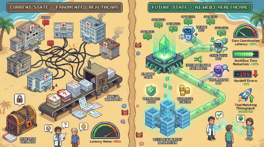 Infographic for: Hypothesis (2026-04-03) [S1/5] [Technical + Investor]: Future convergence of Technology, Web3, AI, and AI Agents will reshape healthcare, medicine, hospitals, and scientific research