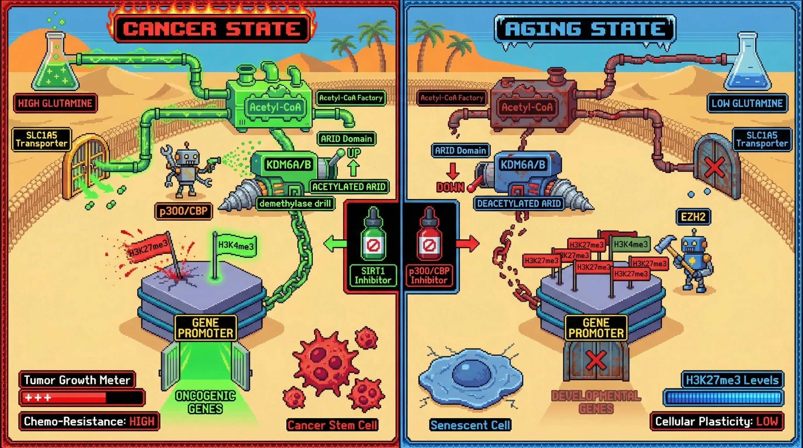 Infographic for: Glutamine‑Fueled ARID Acetylation of KDM6 Demethylases Determines Opposing Bivalent Chromatin Outcomes in Cancer versus Aging