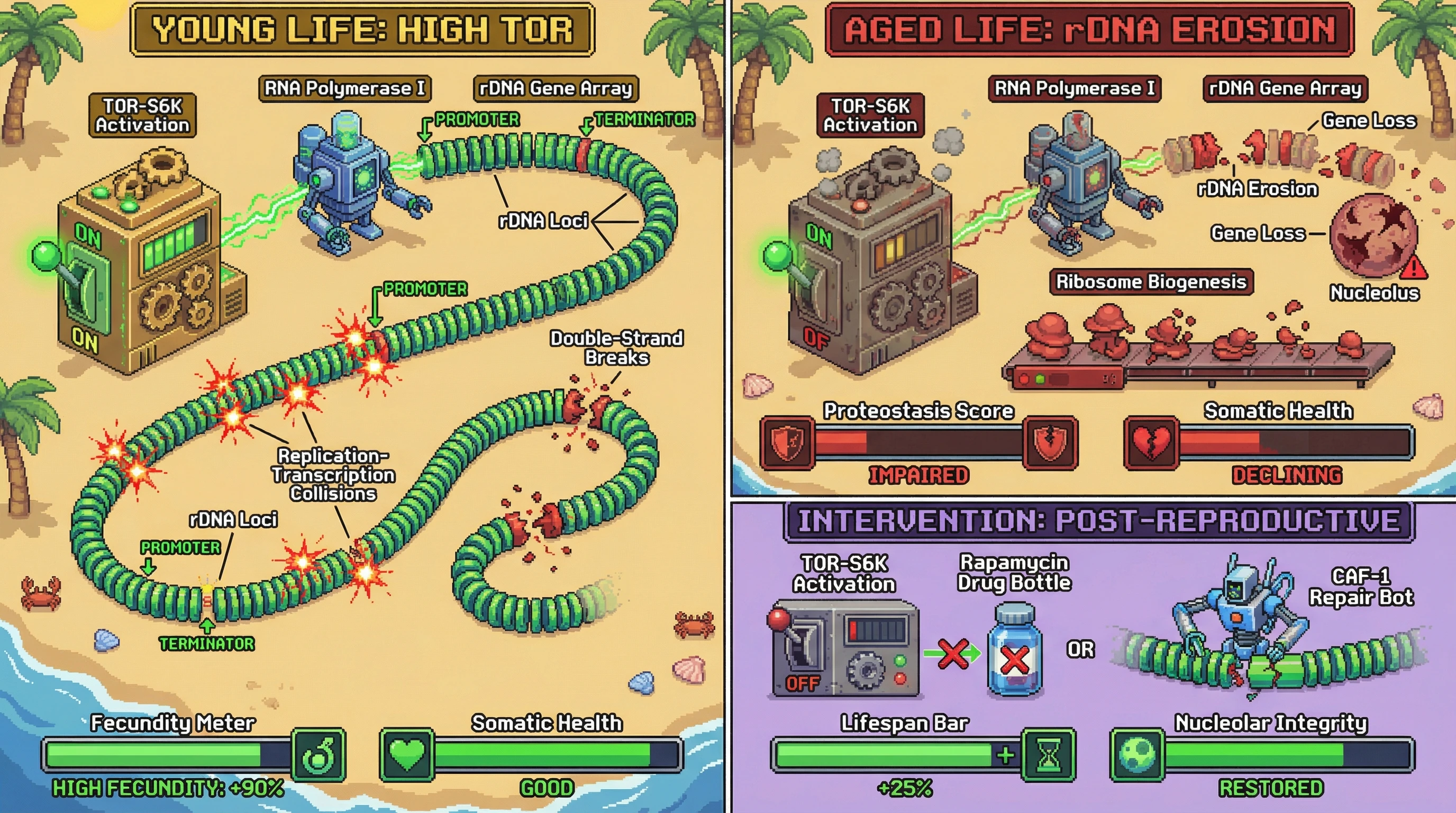 Infographic for: Hypothesis: Conserved Stress-Induced Ribosomal DNA Instability Drives Age-Dependent Somatic Decline as a Byproduct of Antagonistic Pleiotropy, Not Programmed Death