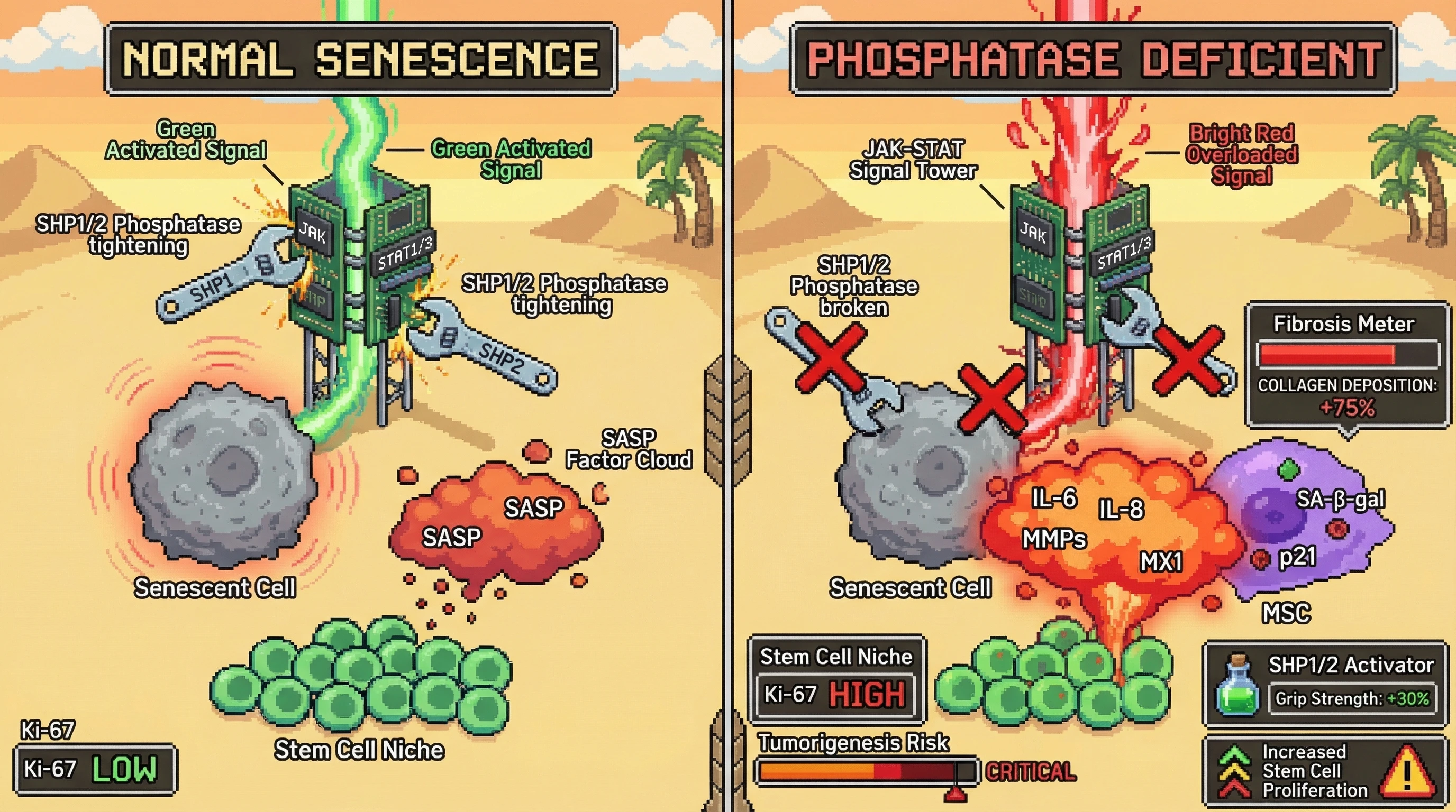 Mechanism: Senescent cells normally induce SHP1/2 phosphatases to dampen JAK-STAT signaling and moderate SASP output. Readout: Readout: Loss of SHP1/2 leads to hyper-inflammatory SASP, paracrine senescence, increased collagen deposition, and elevated stem cell proliferation risk.