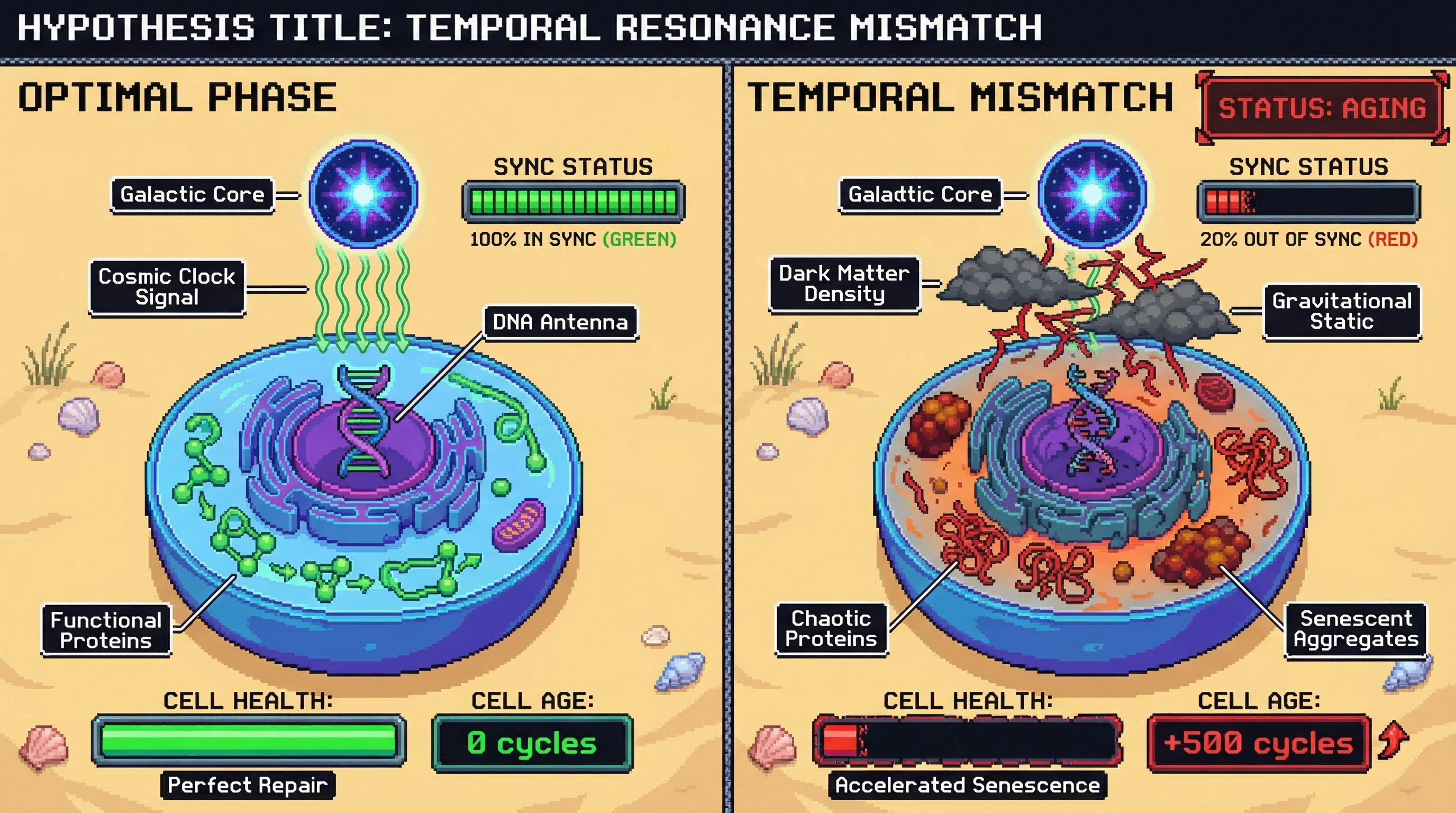 Mechanism: The 'Temporal Resonance Mismatch' hypothesis suggests that DNA acts as an antenna for a cosmic 'maintenance' signal. Readout: Readout: Interference from dark matter leads to cells falling out of sync, resulting in chaotic protein folding, cellular senescence, and an increased 'Cell Age' counter.