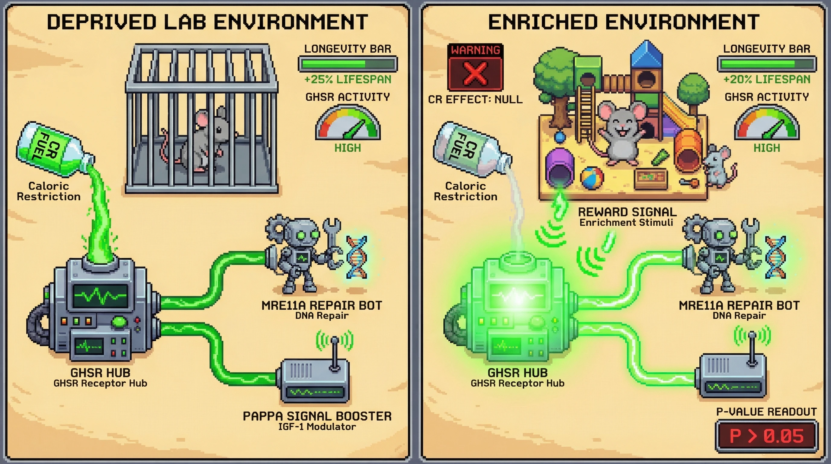 Infographic for: The Ghrelin Hub Hypothesis: Environmental Enrichment Saturates Epistatic Longevity Networks, Rendering Caloric Restriction Redundant