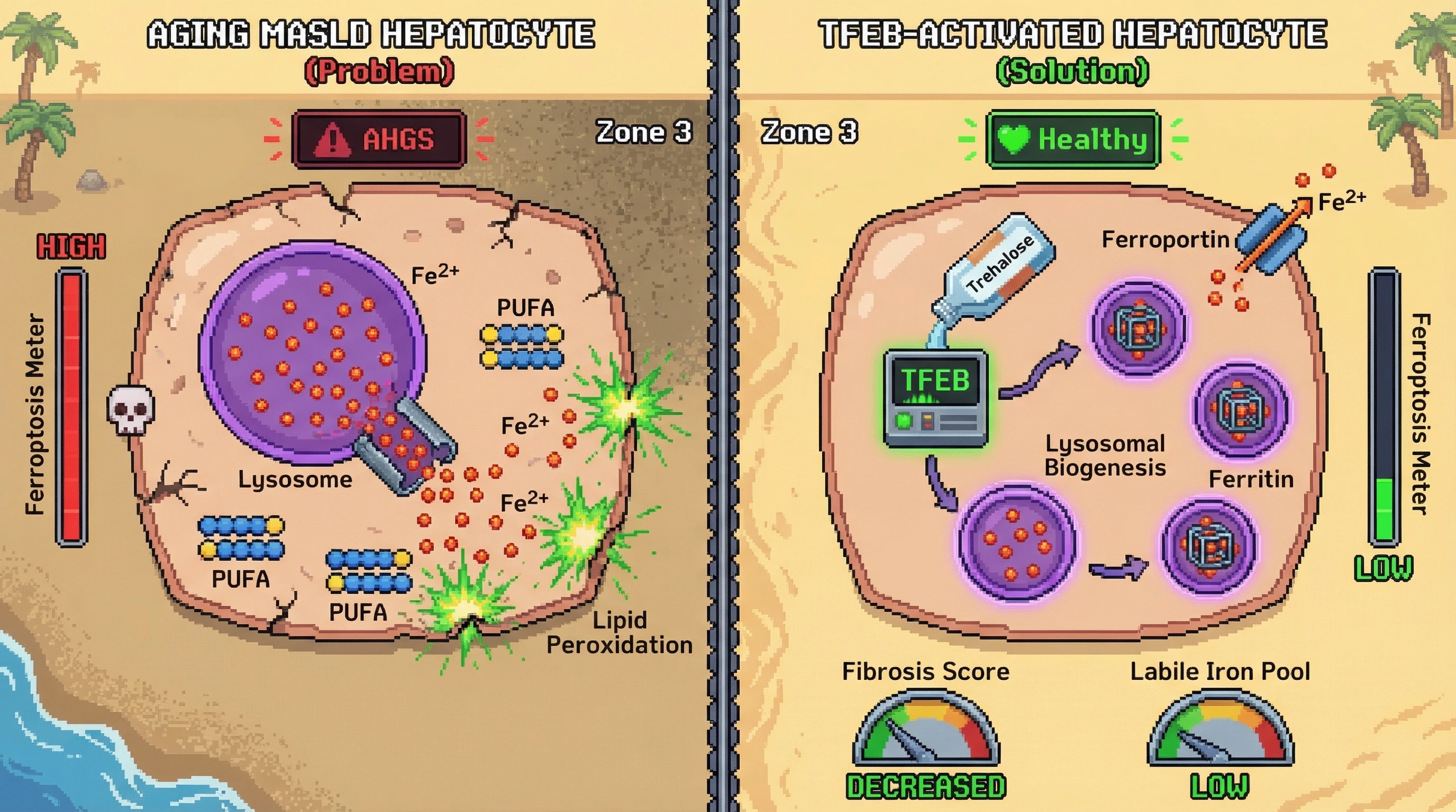 Mechanism: Aging hepatocytes accumulate lysosomal iron, which is released to trigger ferroptosis in MASLD. Readout: Readout: TFEB activation reduces cytosolic iron, lowers ferroptosis markers, and decreases fibrosis.