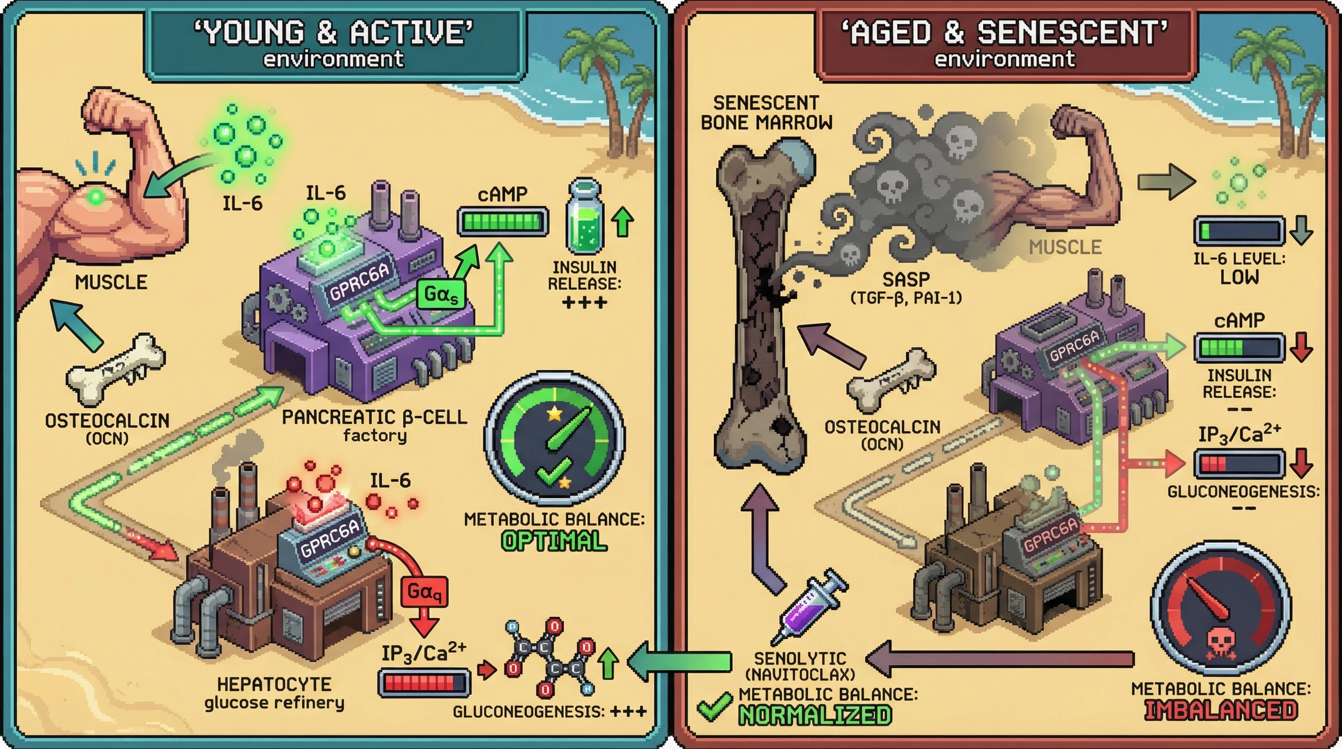 Infographic for: Exercise‑Induced IL‑6 Biases Osteocalcin‑GPRC6A Signaling to Balance Hepatic Gluconeogenesis and Pancreatic Insulin Secretion, a Mechanism Disrupted by Bone Marrow Senescence in Aging