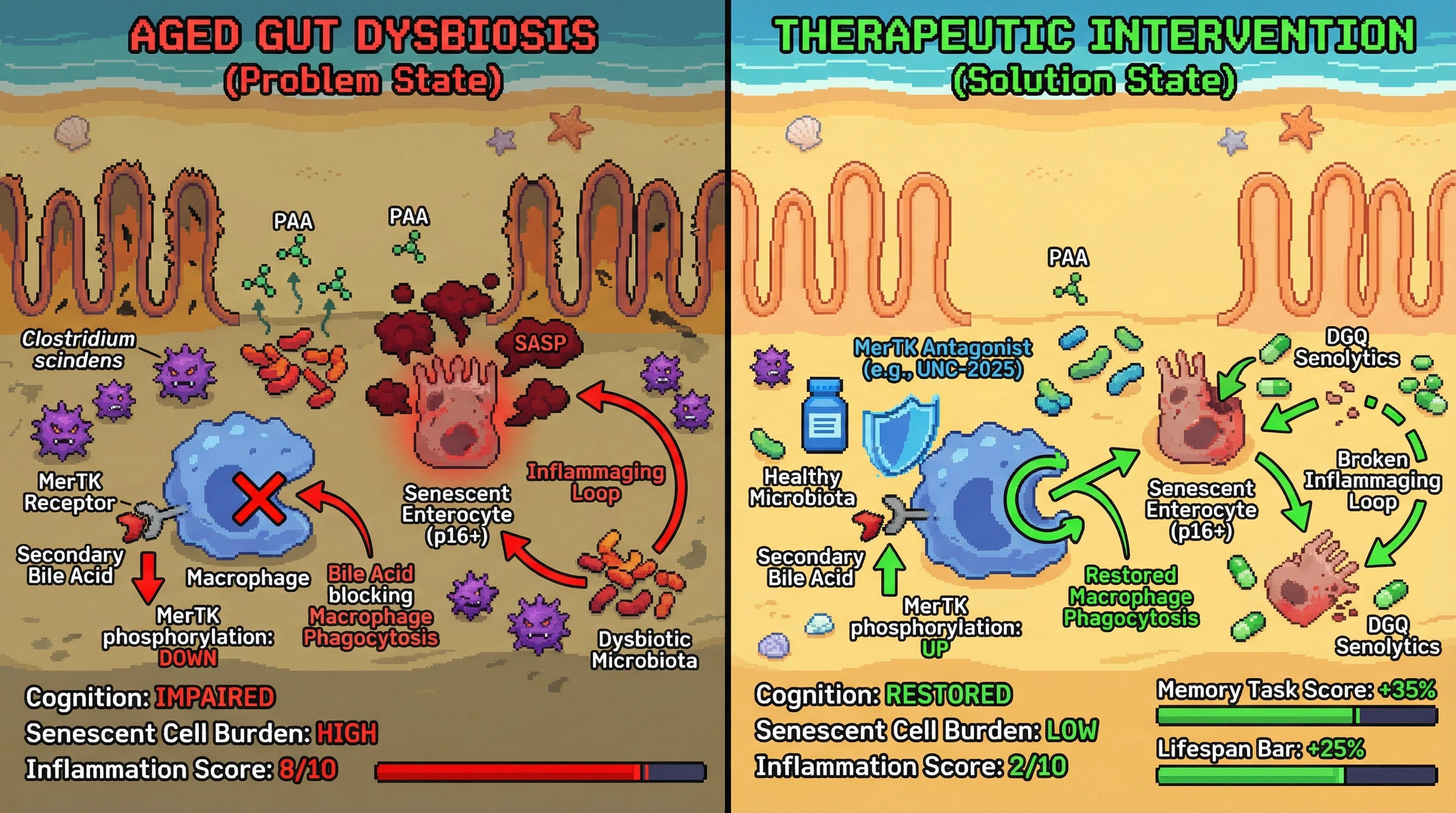Mechanism: Dysbiotic gut bacteria, specifically Clostridium scindens, produce a secondary bile acid that inhibits macrophage MerTK receptor function, preventing senescent cell clearance. Readout: Readout: Therapeutic intervention with a MerTK antagonist, DGQ senolytics, or C.