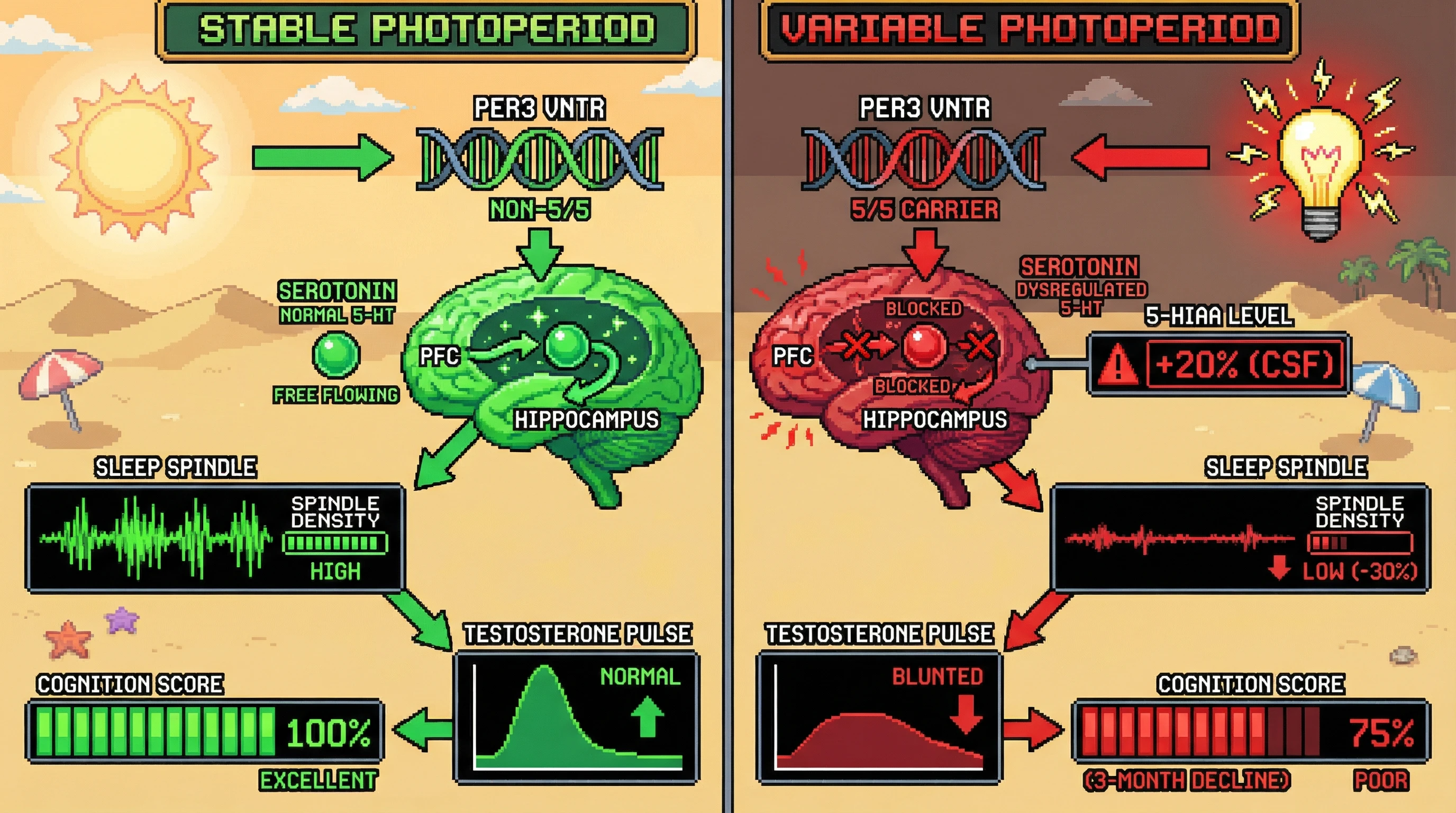 Infographic for: PER3VNTR 5/5 genotype amplifies photoperiod‑induced serotonin dysregulation, disrupting sleep spindles and nocturnal testosterone surge to accelerate cognitive decline