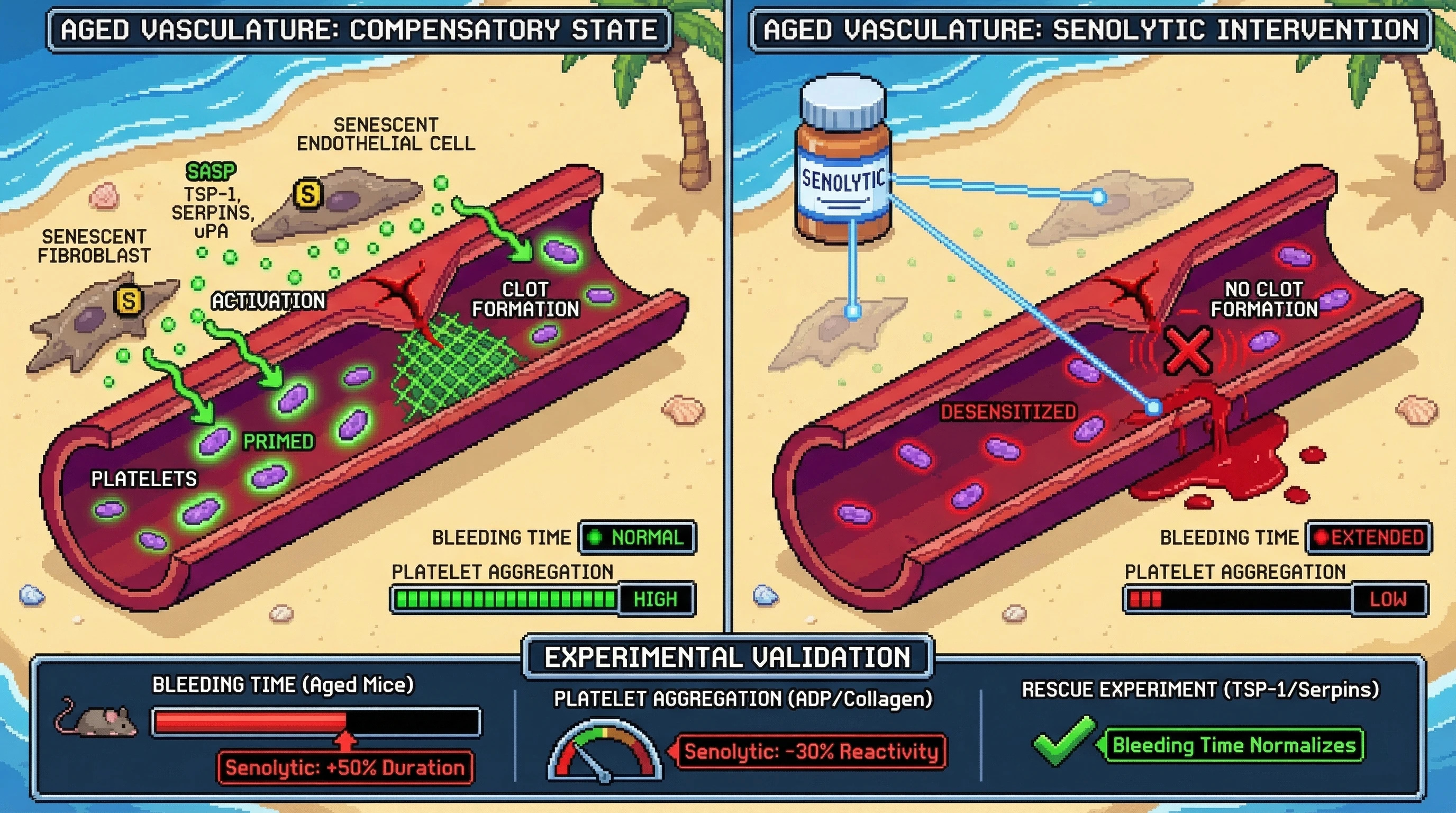 Mechanism: Senescent cells in aged vessels provide compensatory procoagulant SASP signaling (TSP-1, Serpins) to prime platelets for clot formation. Readout: Readout: Senolytic treatment removes this backup, extending bleeding time and reducing platelet aggregation at injury sites in aged mice.
