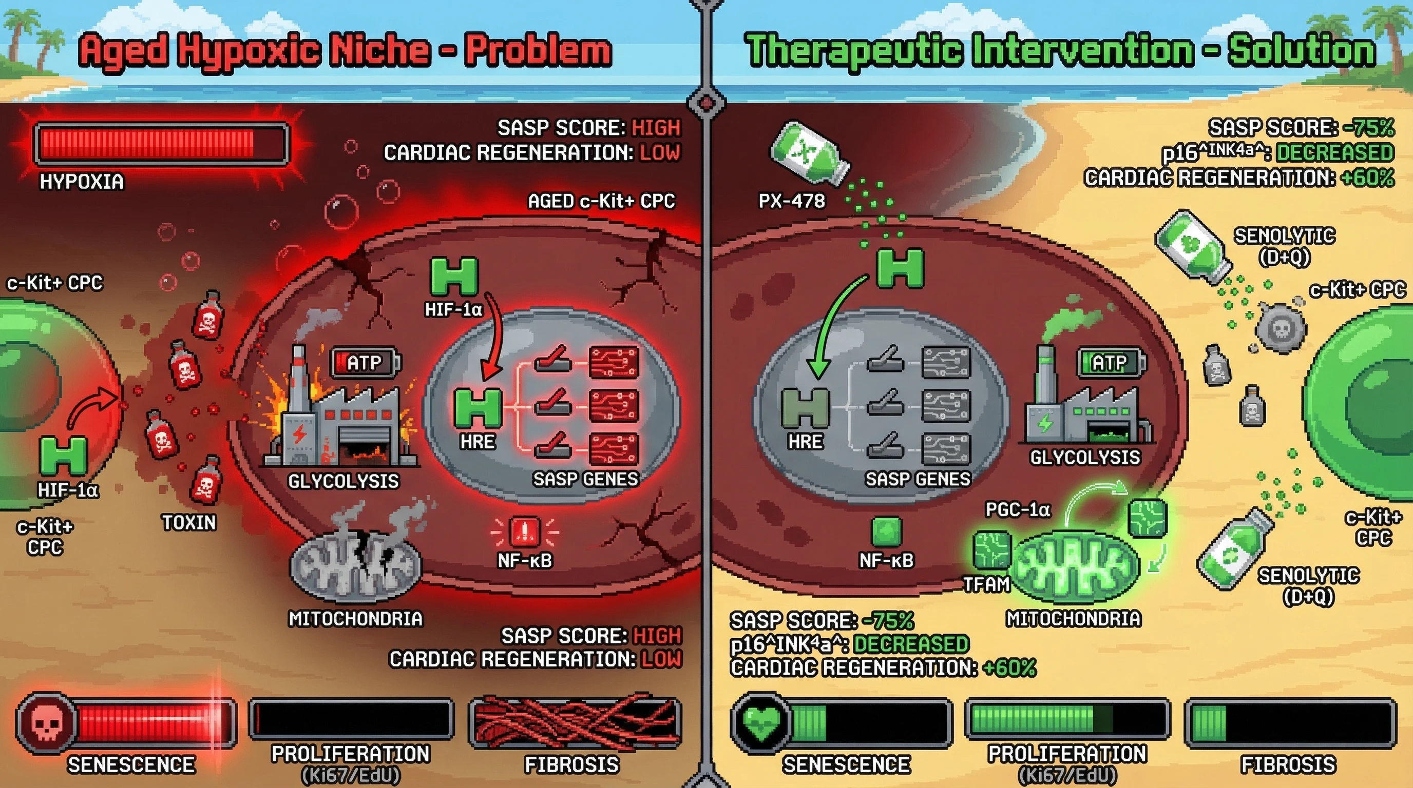 Infographic for: Hypoxia-Induced Metabolic Reprogramming Drives SASP-Mediated Propagation of Senescence in Aged Cardiac Progenitor Cells
