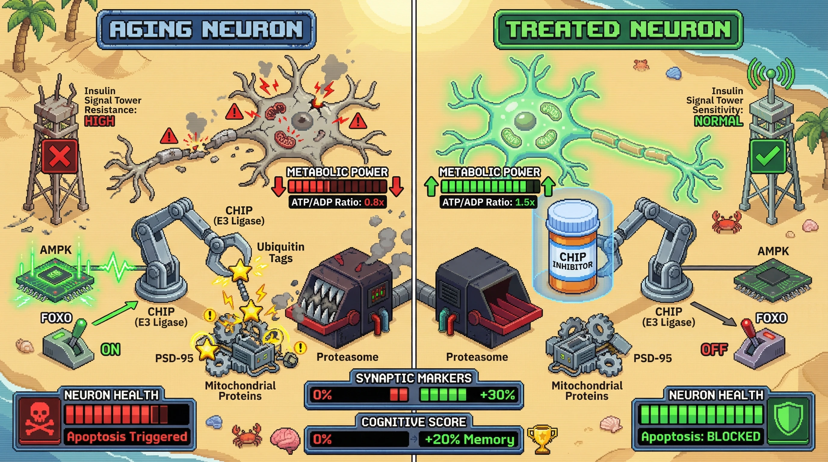 Mechanism: Inefficient neurons with low ATP/ADP and high ROS activate AMPK, leading to CHIP-mediated ubiquitination and removal via apoptosis. Readout: Readout: Inhibiting CHIP in aging neurons boosts synaptic markers by 30% and improves cognitive scores by 20%, preventing their elimination.