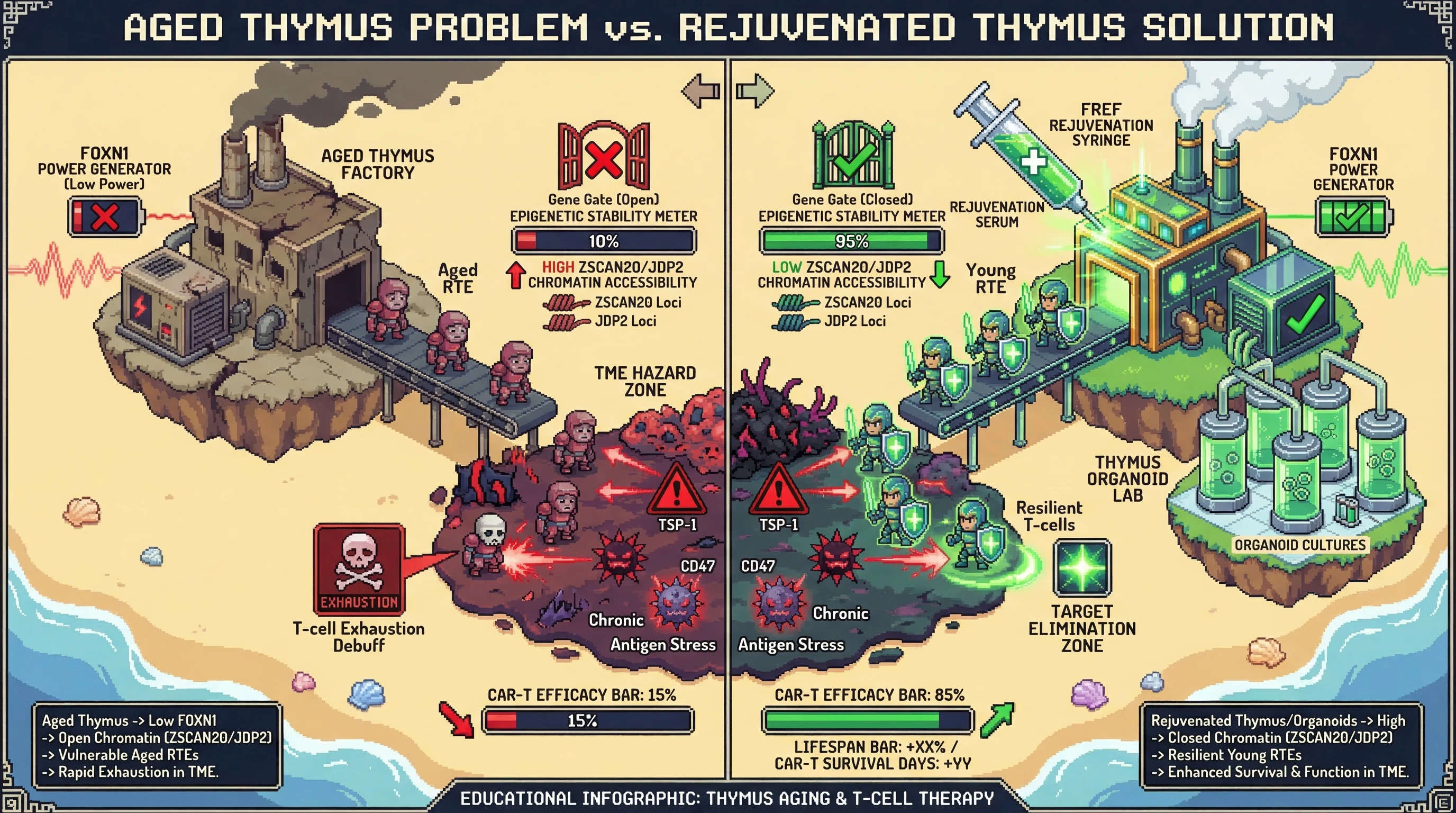 Infographic for: Age-Degraded Thymic Epithelial Cells Epigenetically Prime Recent Thymic Emigrants for ZSCAN20/JDP2-Mediated Exhaustion: A Mechanistic Blueprint for Resilient CAR-T