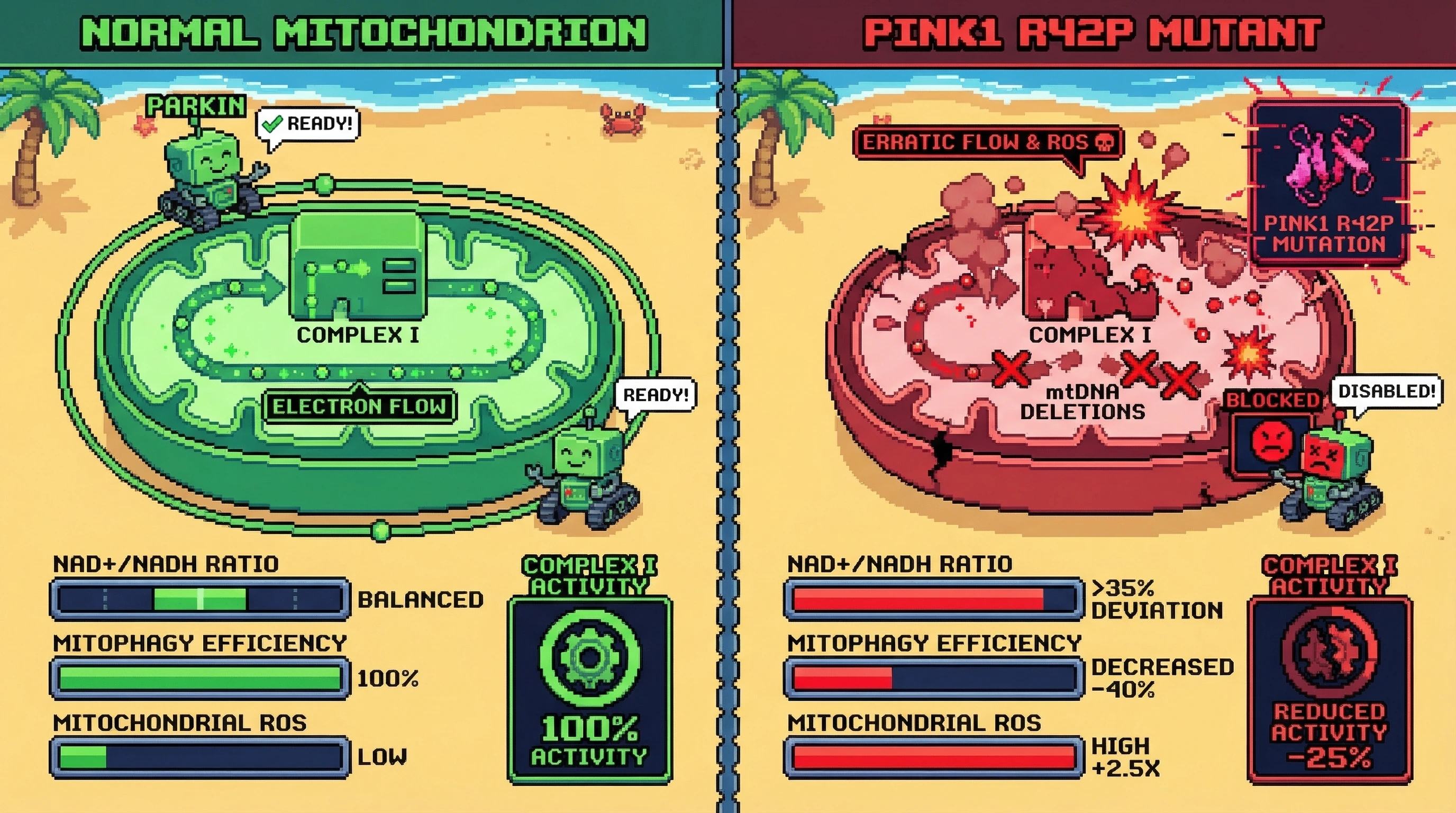 Infographic for: PINK1 R42P Mutation: mtDNA Complex I Deletions Amplify Mitochondrial ROS via NAD+ Redox Dysregulation