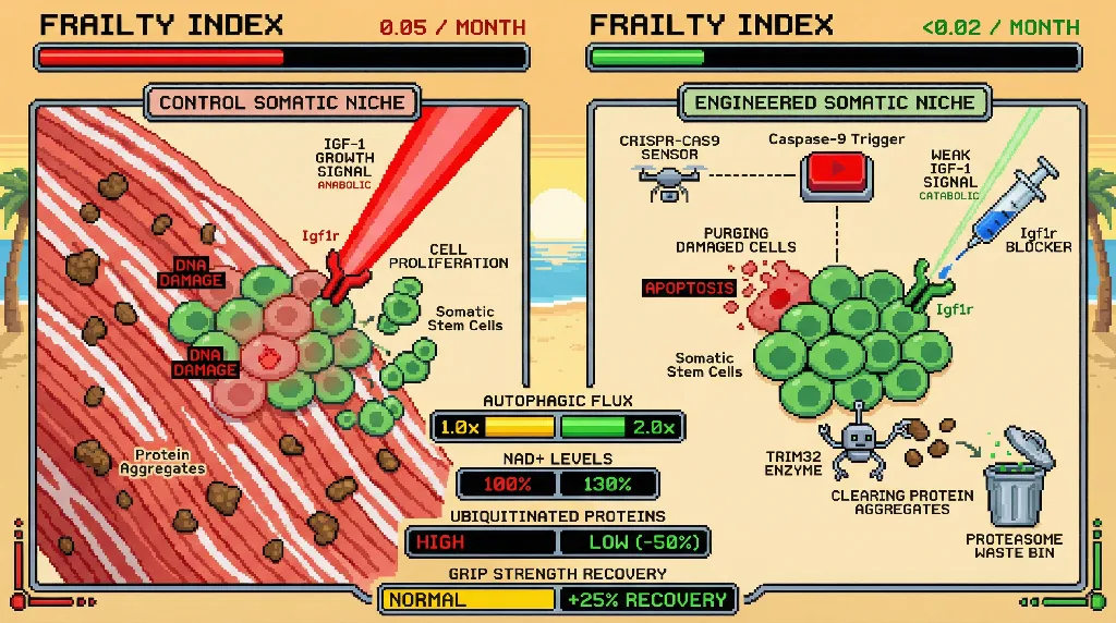 Infographic for: Germline‑Level Selection Pressure in Somatic Stem Cells Extends Tissue Fidelity by Coupling Proteasome‑Mediated Clearance with Local IGF‑1 Attenuation