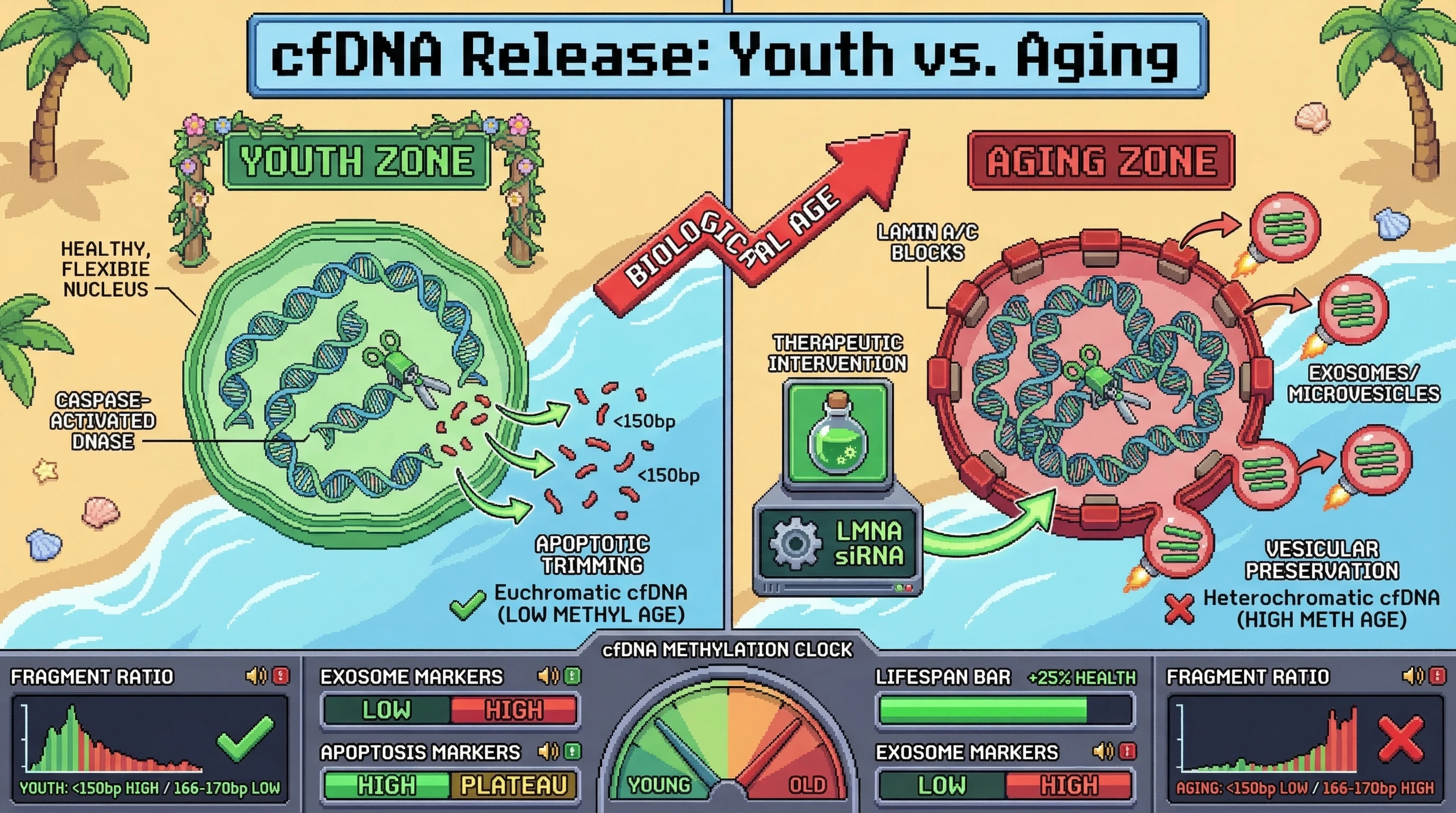 Mechanism: With age, nuclear stiffness shifts cfDNA release from apoptotic trimming of euchromatic DNA to vesicular preservation of heterochromatic DNA. Readout: Readout: This alters cfDNA fragment size distribution, increases cfDNA methylation age, and can be modulated by nuclear lamina intervention.
