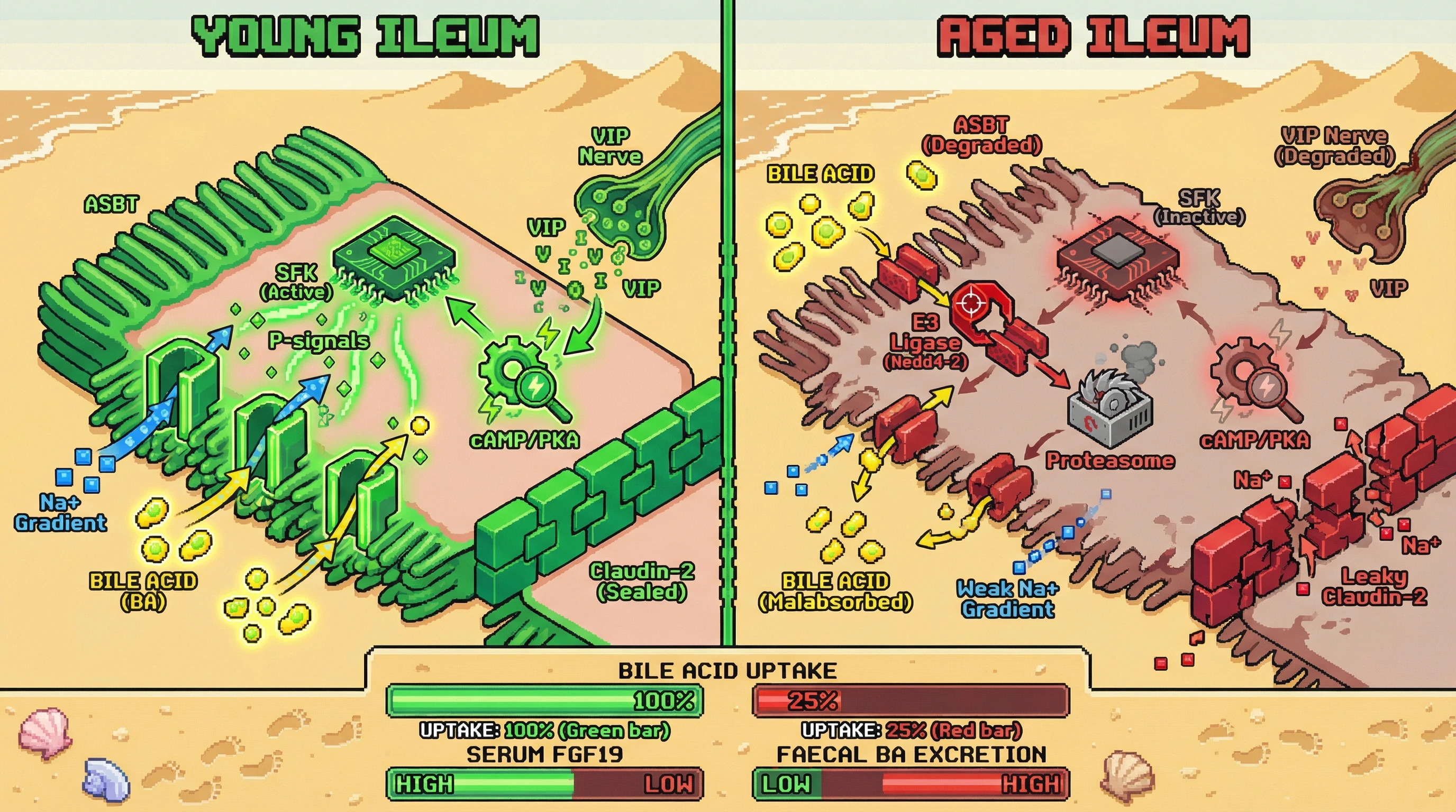 Infographic for: Age‑dependent Src kinase dysregulation drives ASBT dephosphorylation and bile acid malabsorption via VIP‑nerve and barrier leak mechanisms