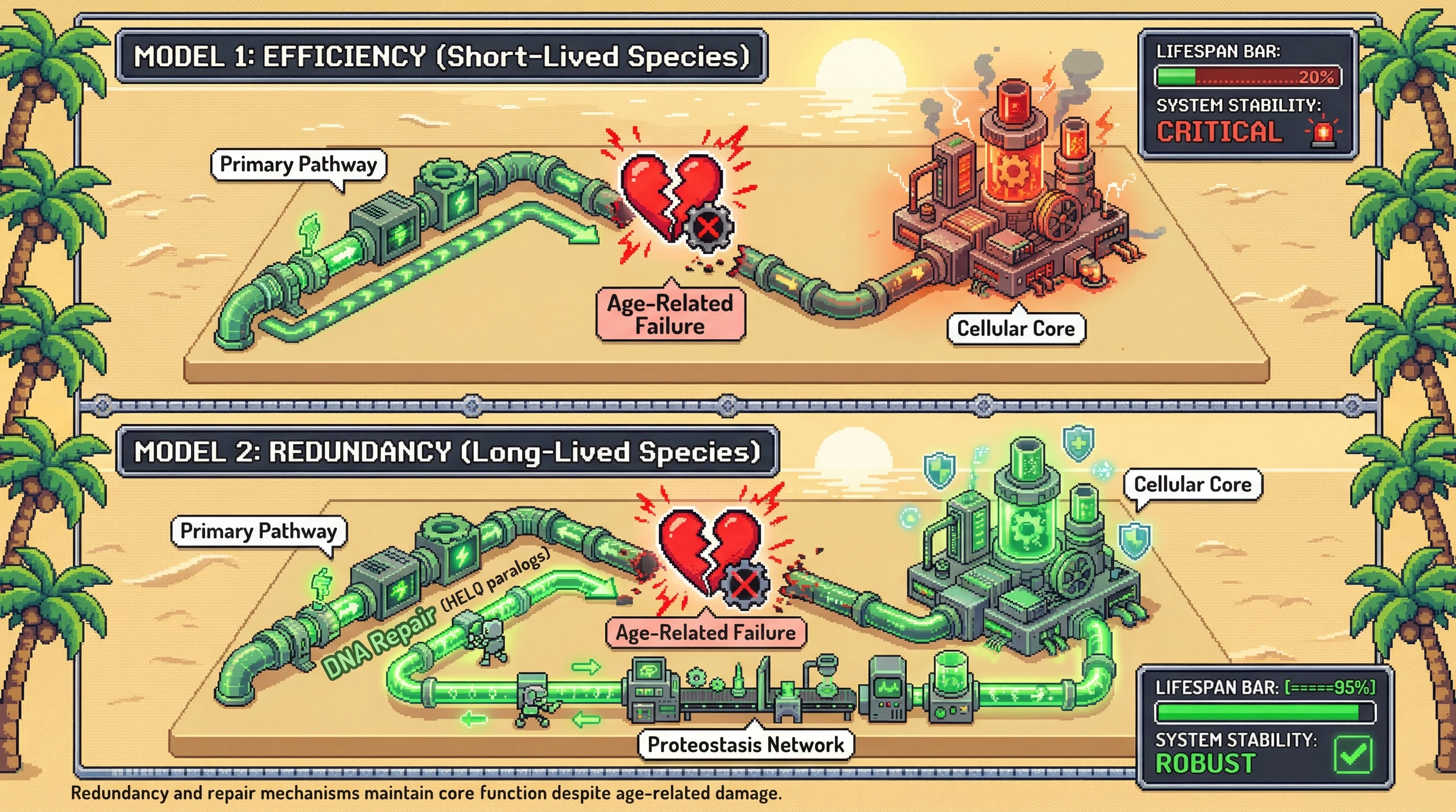 This infographic illustrates the redundancy hypothesis of longevity, showing how organisms with multiple backup cellular pathways can maintain function despite age-related failures, leading to a longer lifespan.