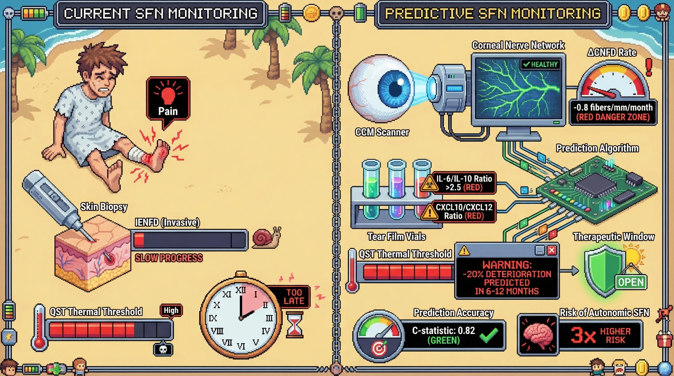 Infographic for: Corneal Confocal Microscopy Nerve Fiber Density Decline Rate Predicts Systemic Small Fiber Neuropathy Progression in Primary Sjögren Syndrome 6–12 Months Before Quantitative Sensory Testing Deterioration