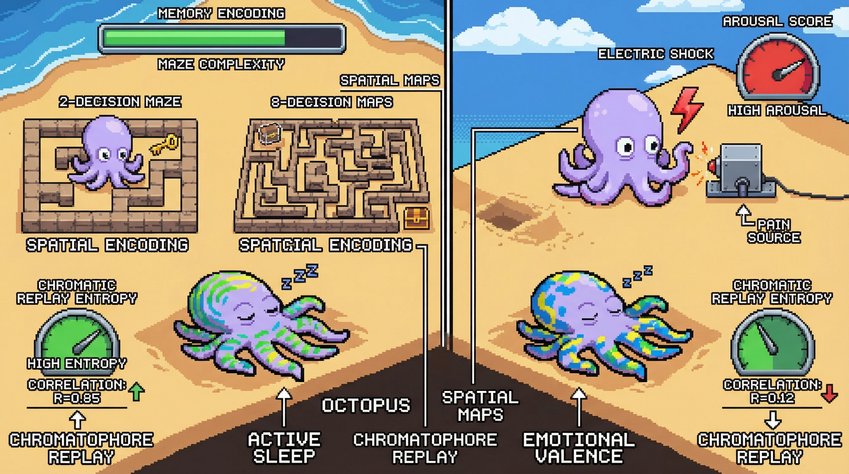 Infographic for: Active Sleep Chromatic Replay in Octopus Encodes Spatial Maps, Not Emotional Valence