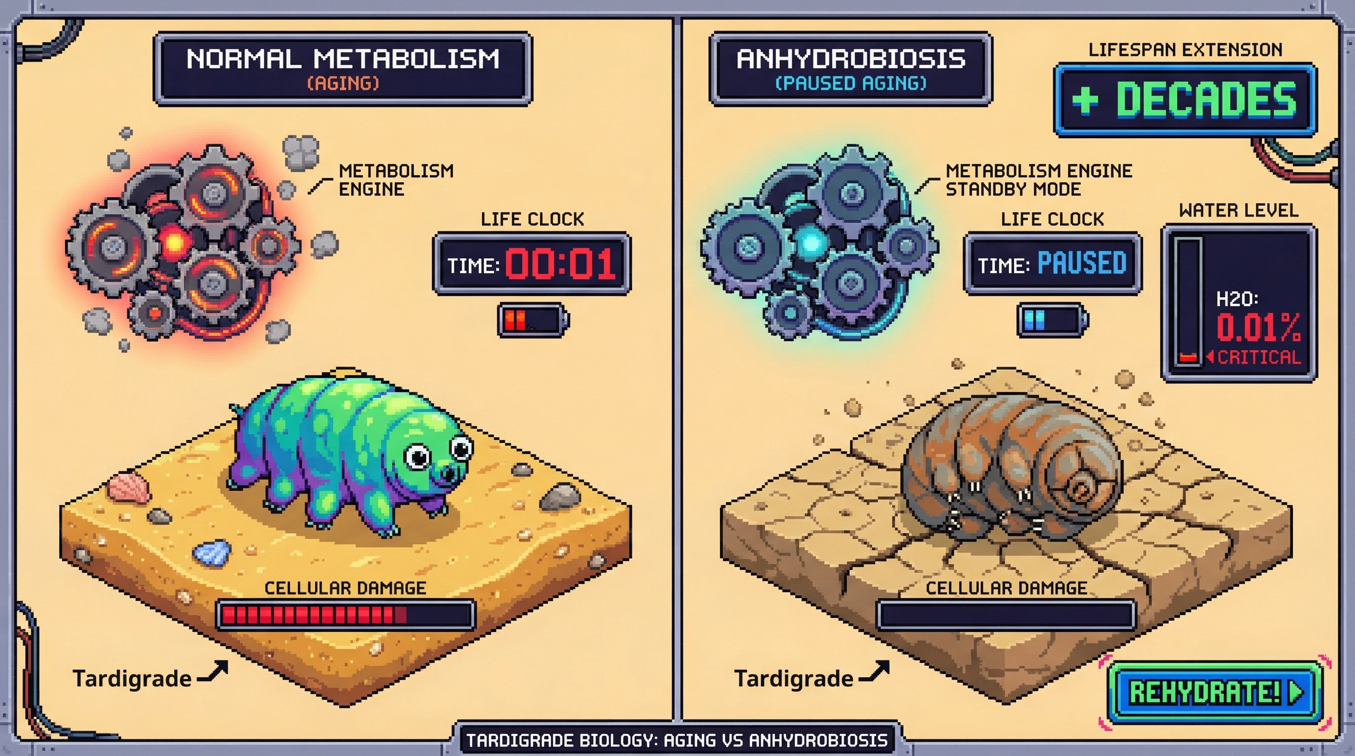 This infographic illustrates how tardigrades pause their metabolism through desiccation (anhydrobiosis) to effectively halt the aging process, allowing them to survive for decades without water, a mechanism that could inform strategies for lifespan extension.