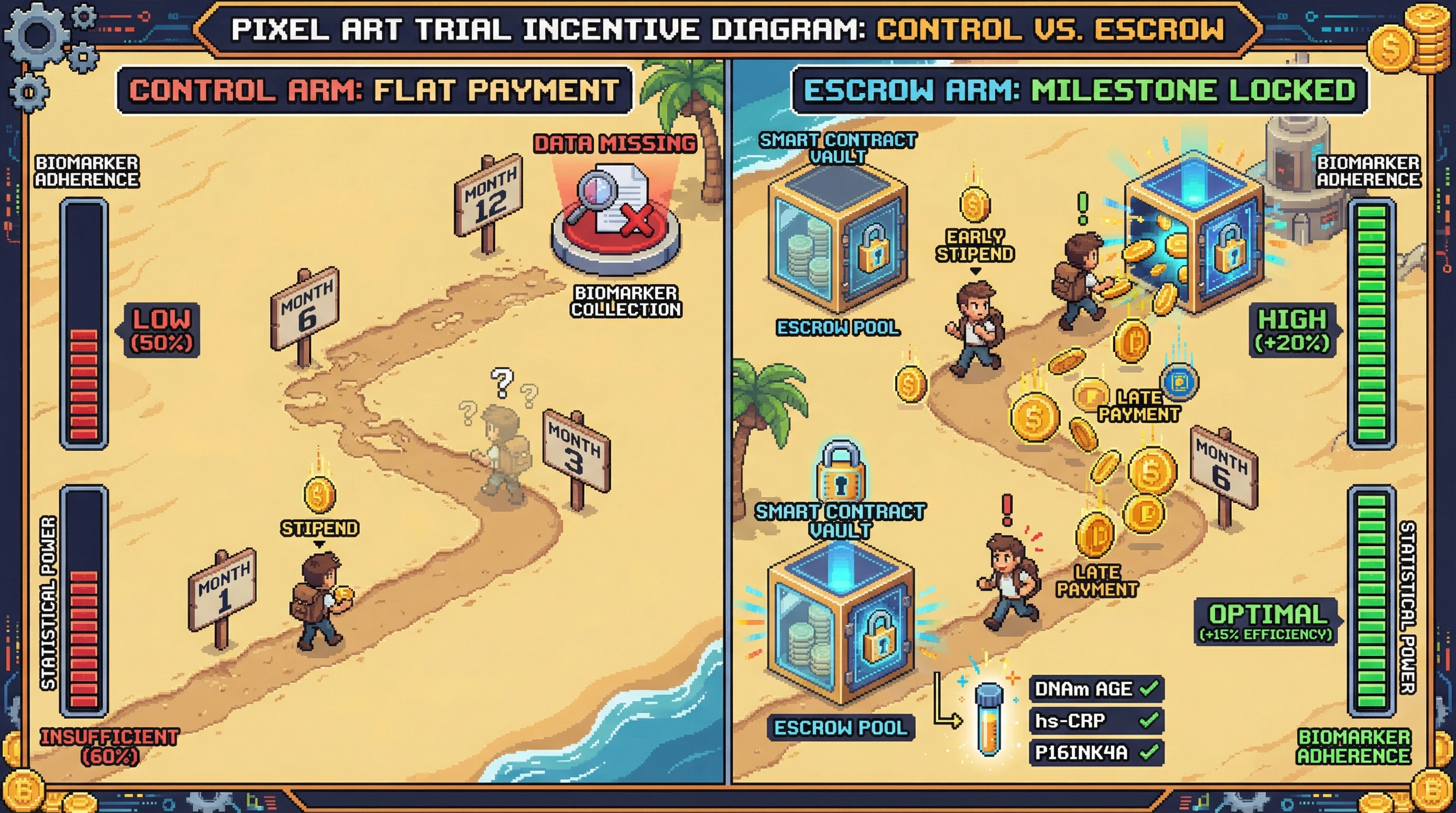 Infographic for: Hypothesis: Milestone-Locked Stablecoin Escrows Can Increase Statistical Power in Longevity Trials by Preserving Late-Phase Biomarker Adherence