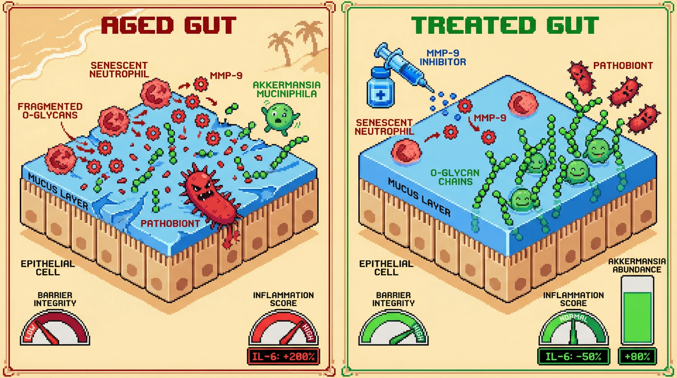 Mechanism: In aged guts, senescent neutrophils release MMP-9, which degrades mucin O-glycans, disrupting the mucus barrier and excluding Akkermansia muciniphila. Readout: Readout: MMP-9 inhibition restores mucin integrity, increases Akkermansia abundance by 80%, and normalizes inflammation scores.