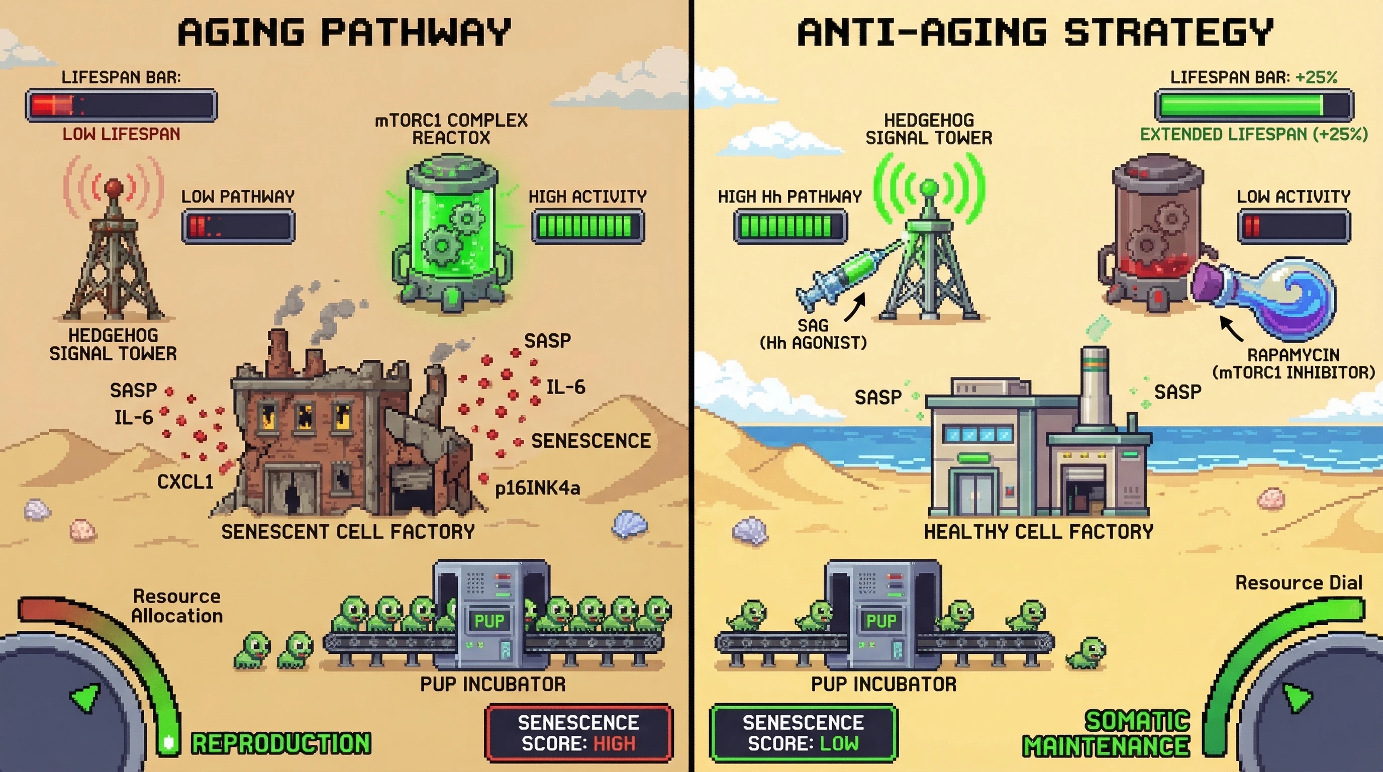 Infographic for: Senescence as a Tunable Resource Allocation Switch: Hedgehog‑mTOR Crosstalk Mediates Antagonistic Pleiotropy