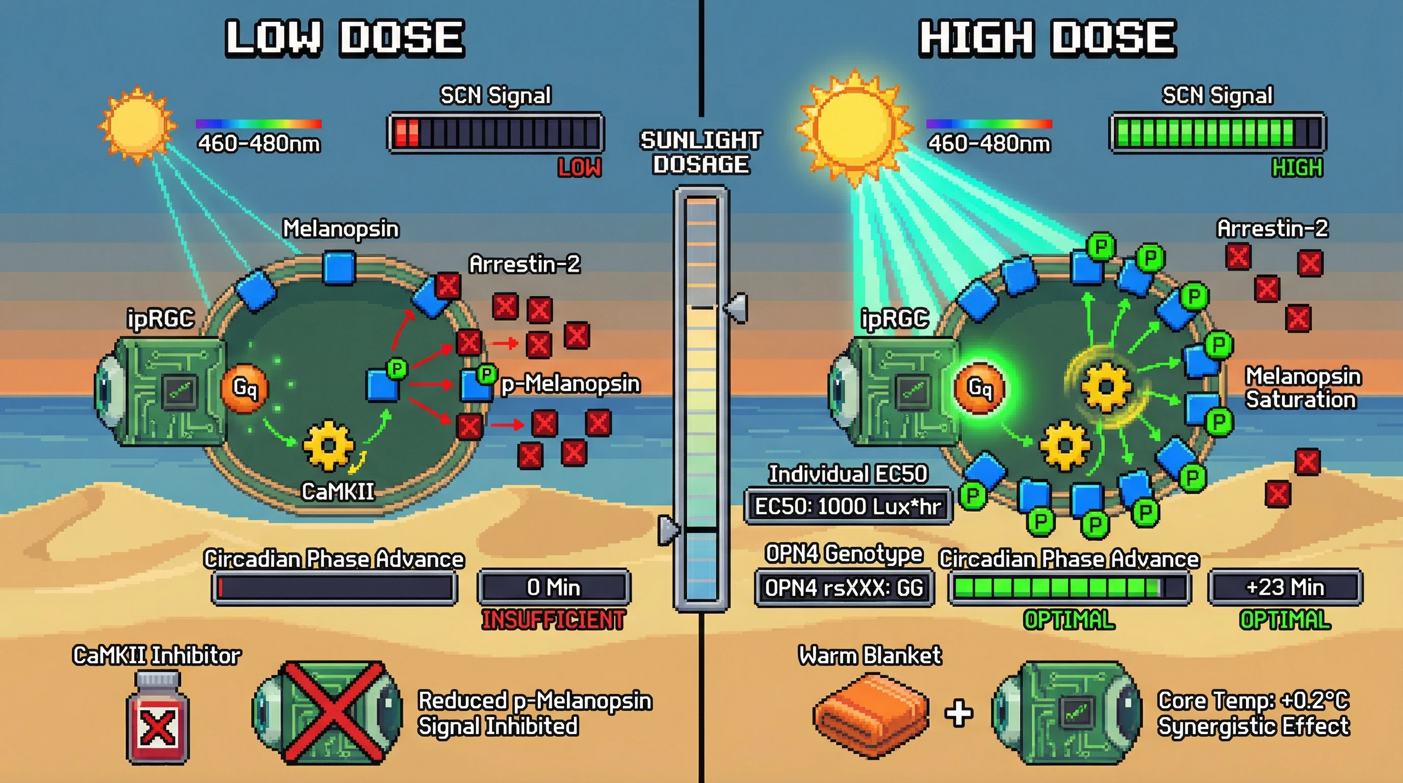 Infographic for: Morning Sunlight Dosage Threshold Hypothesis: Individual Melanopsin Saturation Determines Circadian Phase‑Advance Efficiency