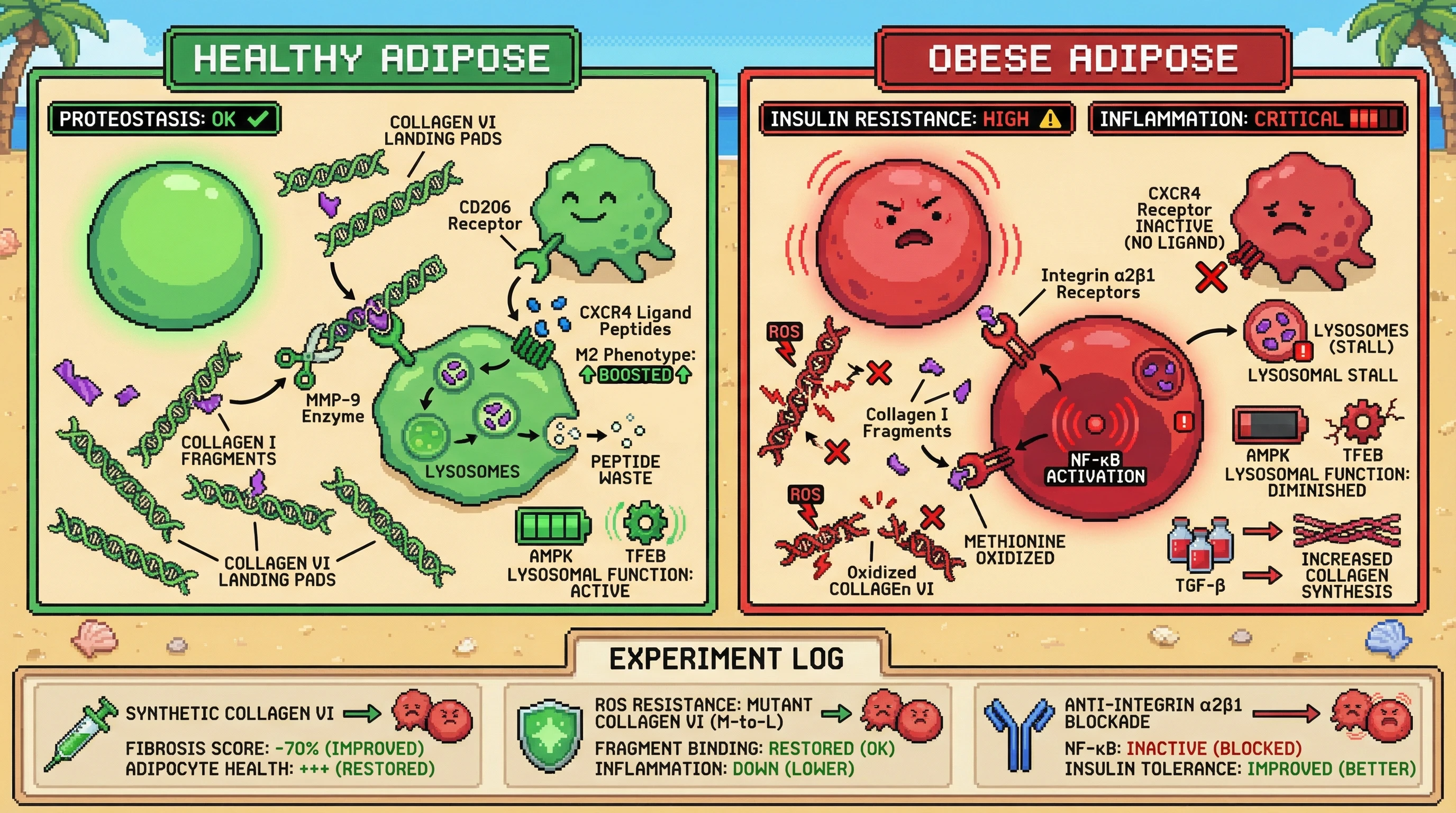 Mechanism: In healthy adipose, M2 macrophages use CD206 and collagen VI to clear collagen I fragments, preventing inflammation. Readout: In obesity, ROS-oxidized collagen VI fails to present fragments, leading to integrin α2β1-mediated adipocyte inflammation and insulin resistance.