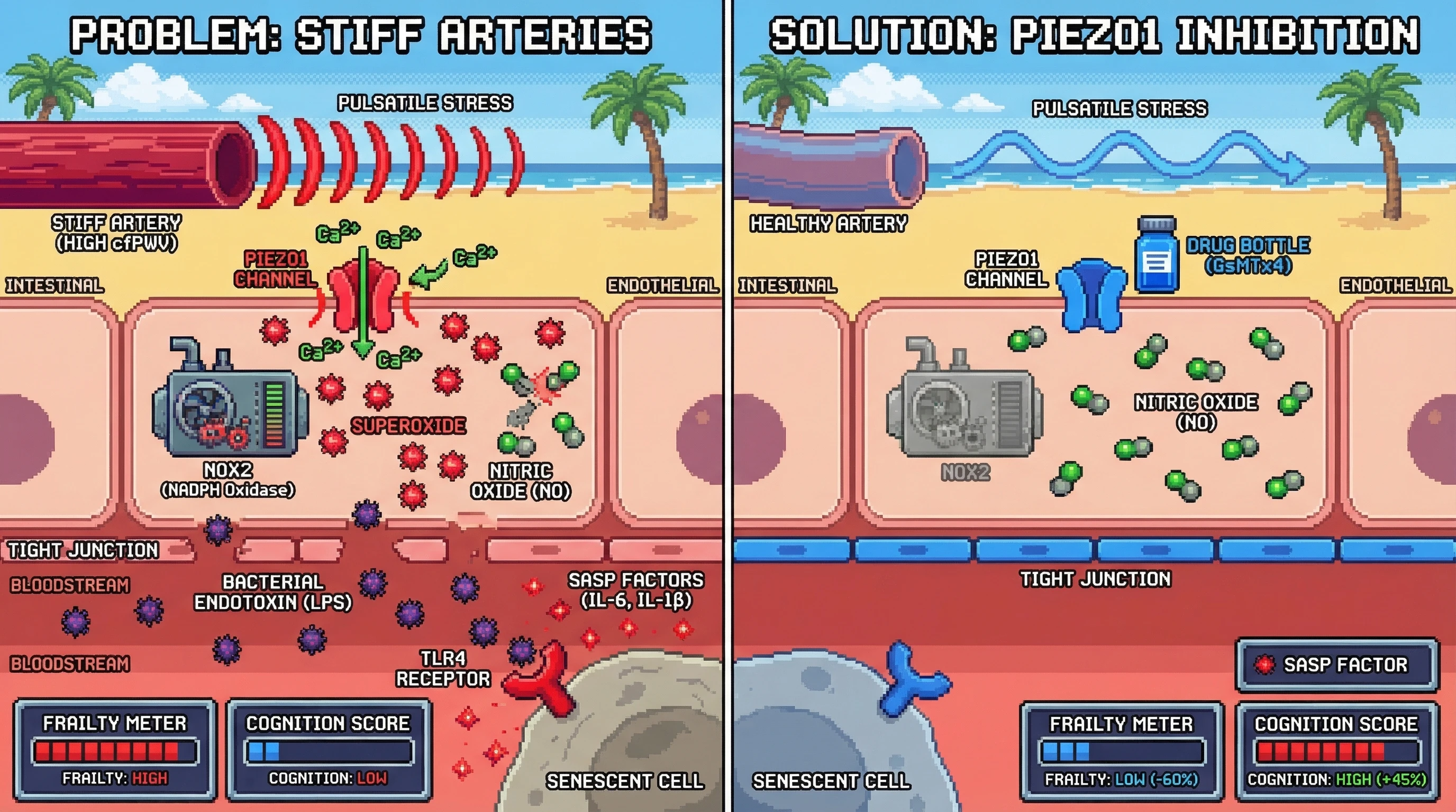 Mechanism: Arterial stiffness activates gut endothelial Piezo1 channels, driving superoxide production, gut permeability, and systemic inflammation (SASP amplification). Readout: Readout: Piezo1 inhibition reduces LPS translocation and inflammation, leading to a significant decrease in frailty and improvement in cognition.