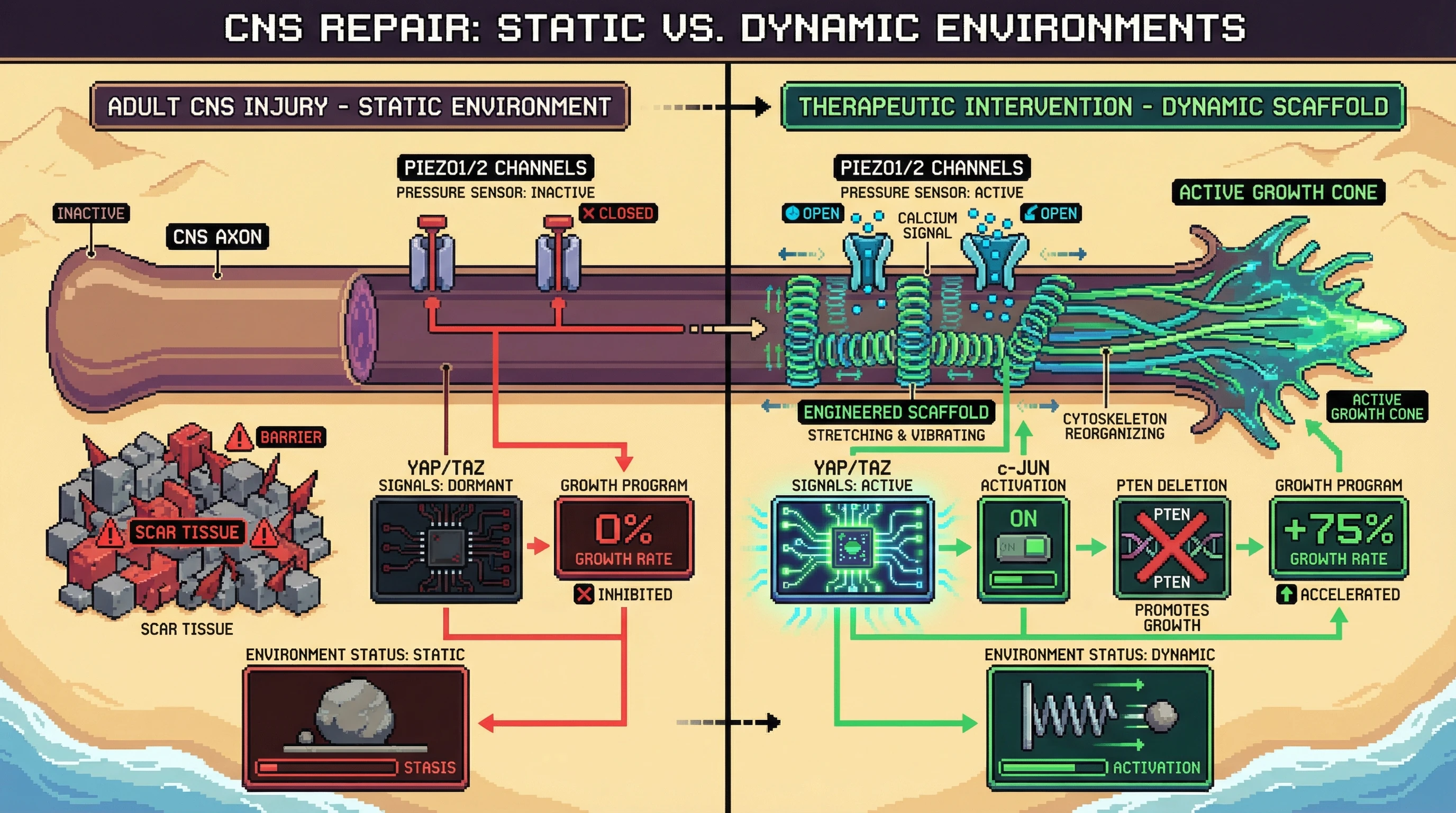 Infographic for: Mechanical Tension Is The Missing Signal For Axon Regeneration—CNS Neurons Need Stretch To Grow