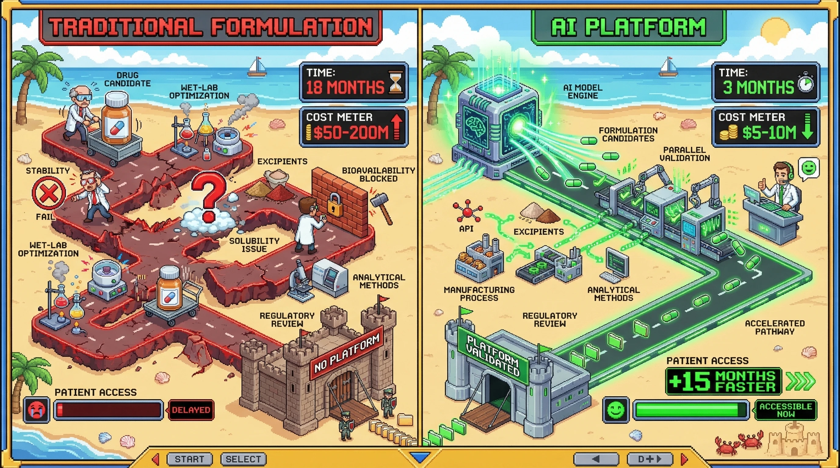 Infographic for: AI-Designed Formulation Platforms Create 10x Faster Regulatory Paths Than Traditional Drug Development
