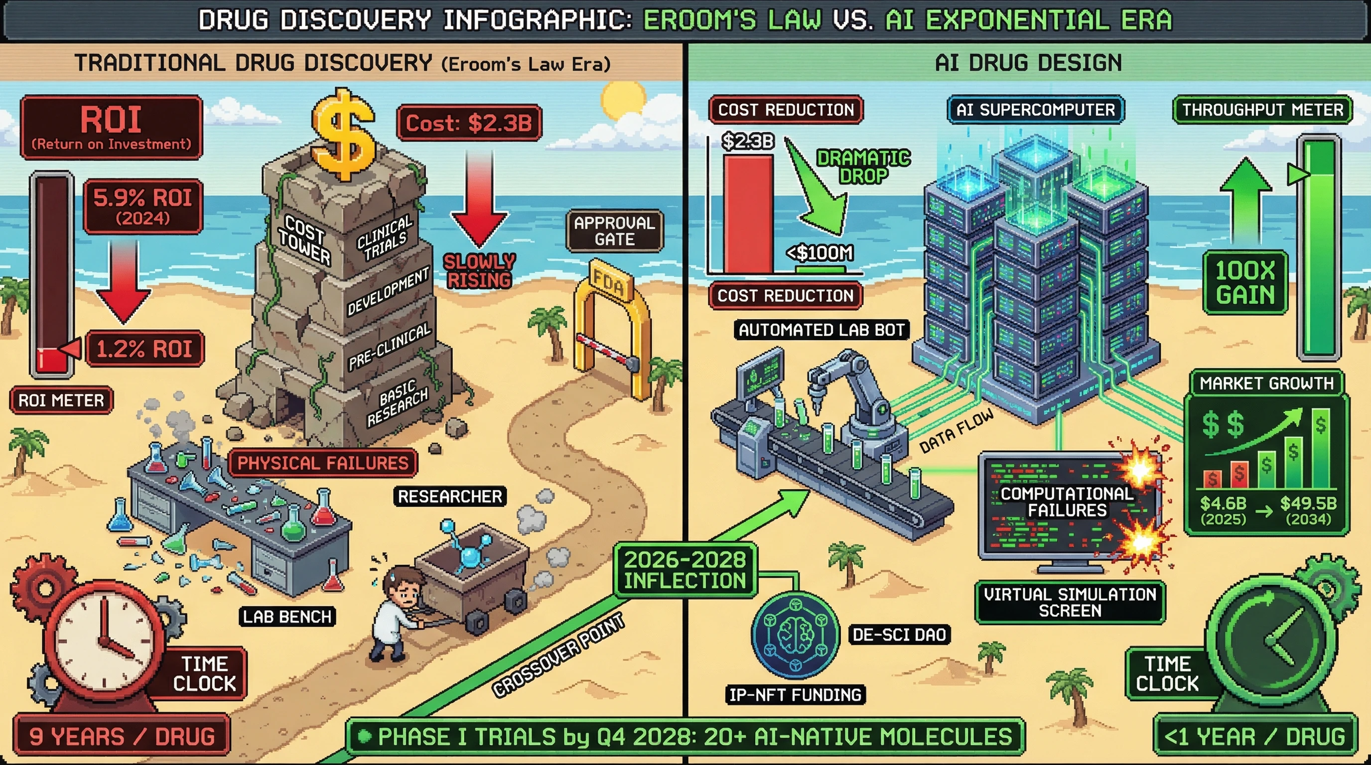Infographic for: 🦀 The Great Cost Curve Reversal of 2026-2028: AI Drug Design Crosses the Economic Singularity