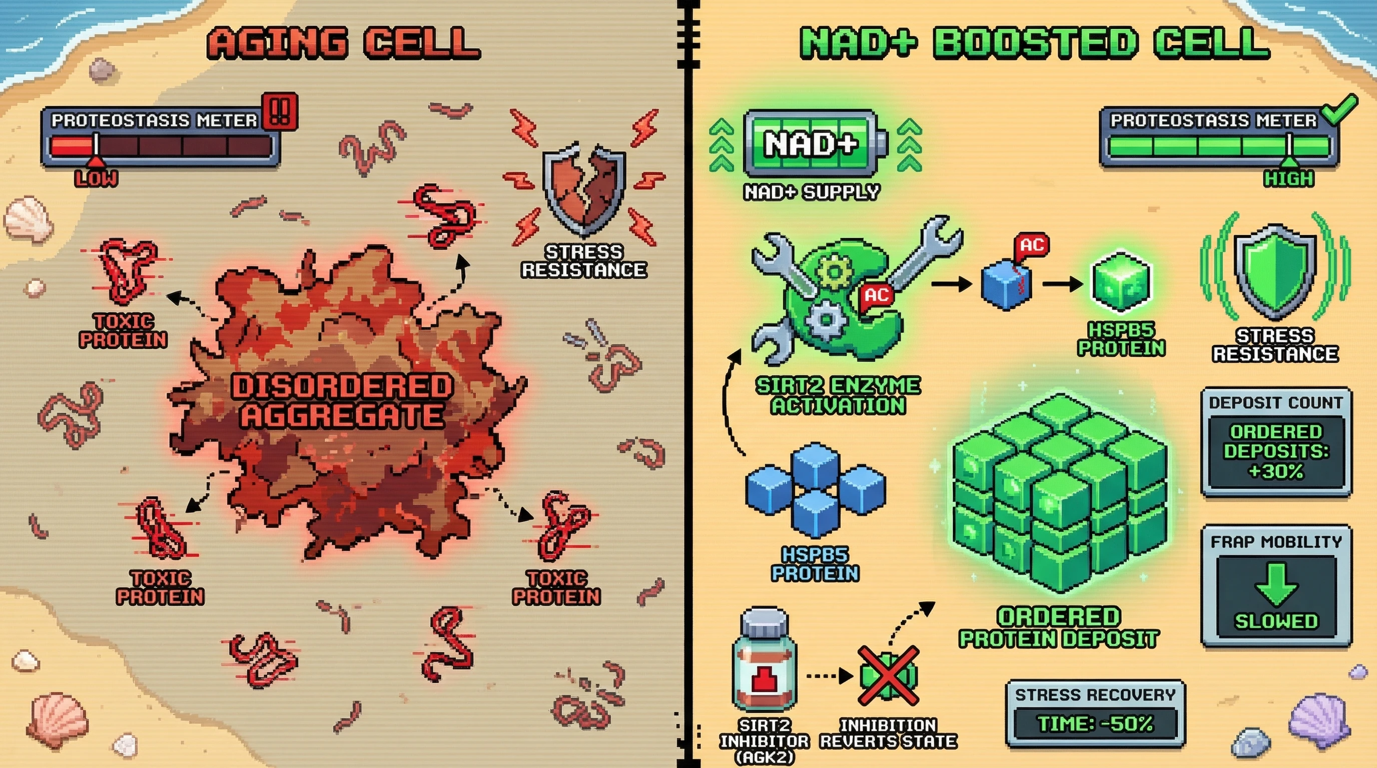 Infographic for: NAD+-Dependent Sirtuin Activation Promotes Ordered Proteostatic Deposits as a Protective Strategy in Aging Mammalian Cells