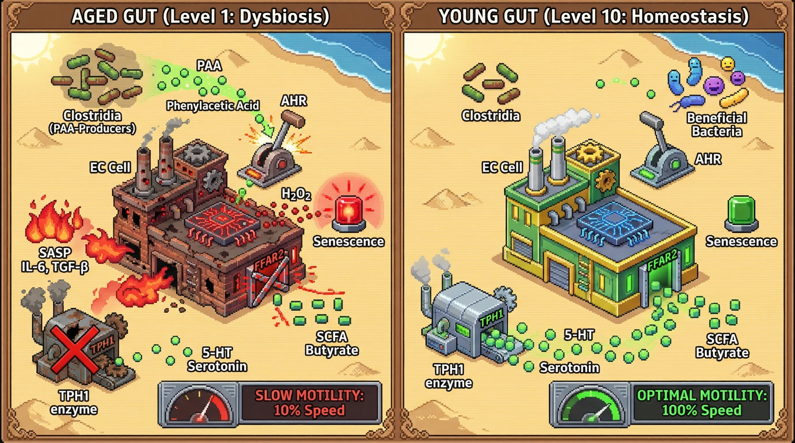 Infographic for: Age‑Related Decline of Enterochromaffin Cell Serotonin Output Driven by Microbiota‑Derived Phenylacetic Acid–Induced Senescence and Blunted FFAR2 Signaling