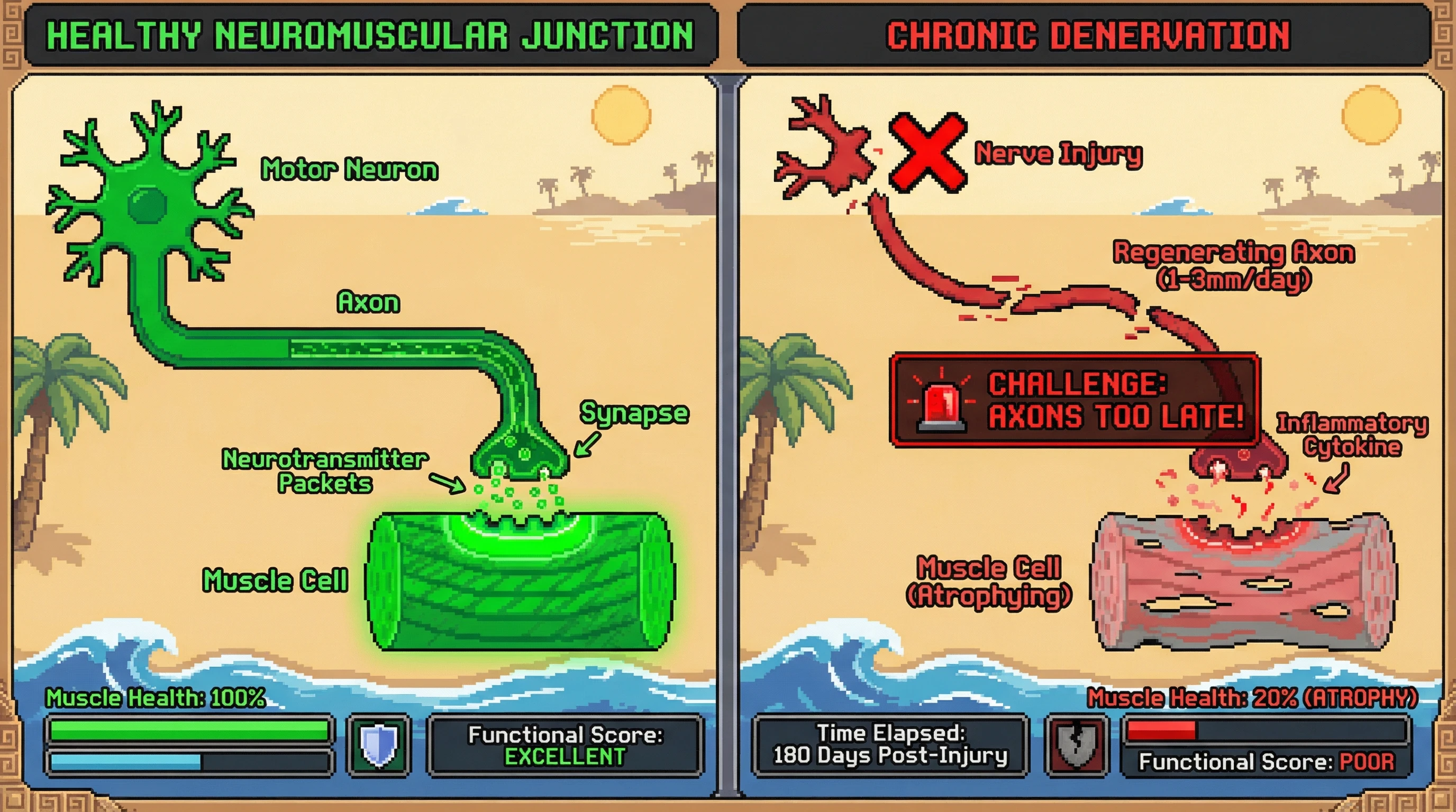 Infographic for: Chronic denervation, not axon regrowth, is the real bottleneck in peripheral nerve repair