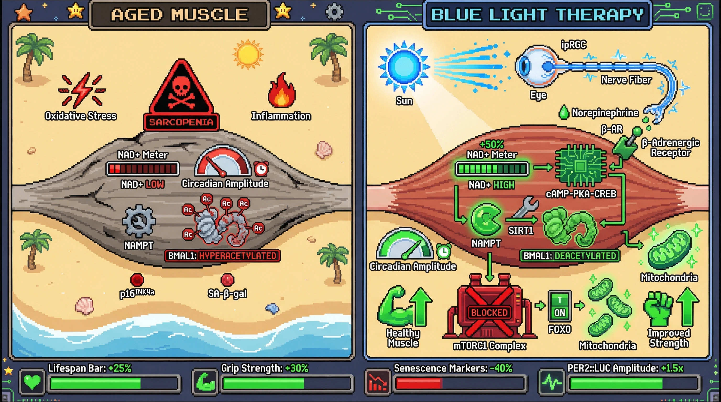 Infographic for: Morning blue-enriched light amplifies muscle NAD+ via ipRGC‑sympathetic NAMPT activation, strengthening circadian amplitude to counteract sarcopenia