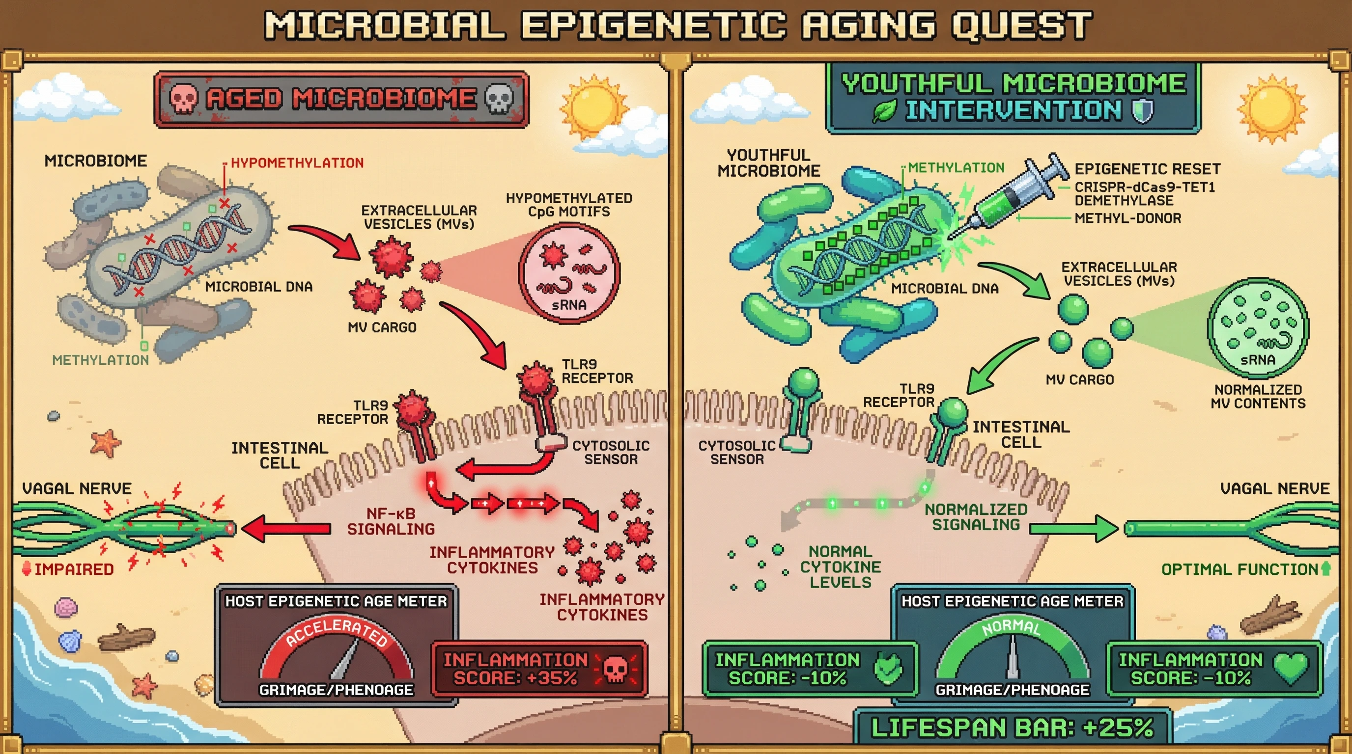 Mechanism: Aged microbial DNA hypomethylation leads to pro-inflammatory extracellular vesicles, activating host TLR9 and NF-κB, driving systemic inflammation and host epigenetic age acceleration. Readout: Readout: Epigenetic resetting of the microbiome reduces inflammation scores and extends host lifespan by 25%.