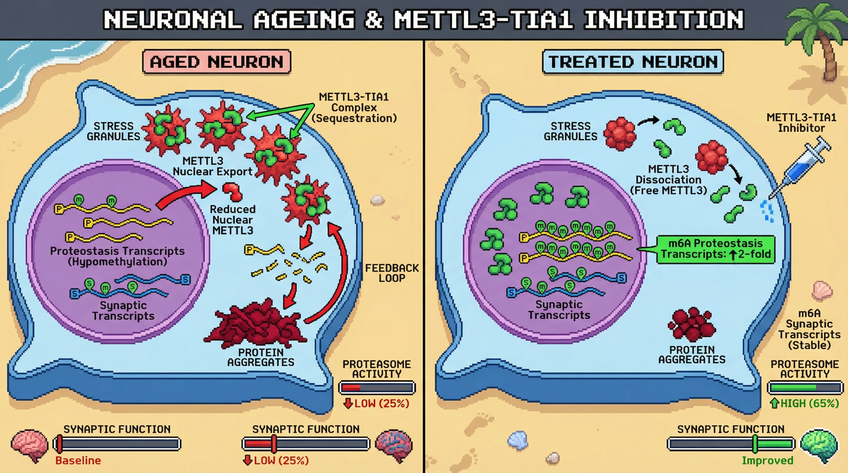 Infographic for: Age‑dependent sequestration of METTL3 into stress granules drives selective loss of m6A on proteostasis transcripts in neurons