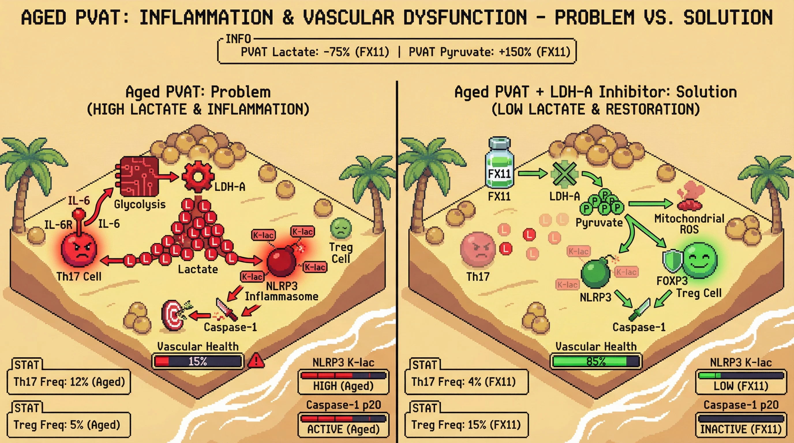 Infographic for: LDH inhibition breaks the IL-6 trans‑signaling → glycolysis → lactate → Th17/NLRP3 lactylation loop in perivascular adipose tissue during aging