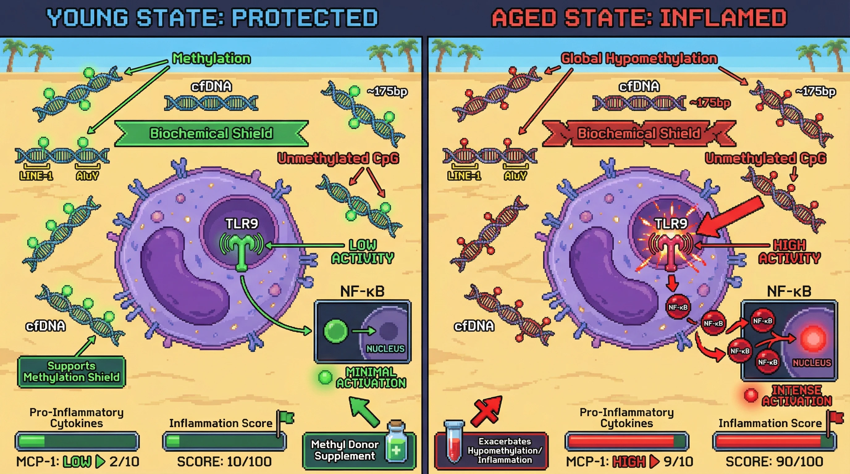 Mechanism: Aging reduces methylation on nucleosome-sized cfDNA fragments, exposing unmethylated CpG motifs that activate endosomal TLR9 in immune cells. Readout: Readout: This increased TLR9 signaling drives elevated NF-κB activation and high levels of pro-inflammatory cytokines like MCP-1, fueling inflamm-aging.
