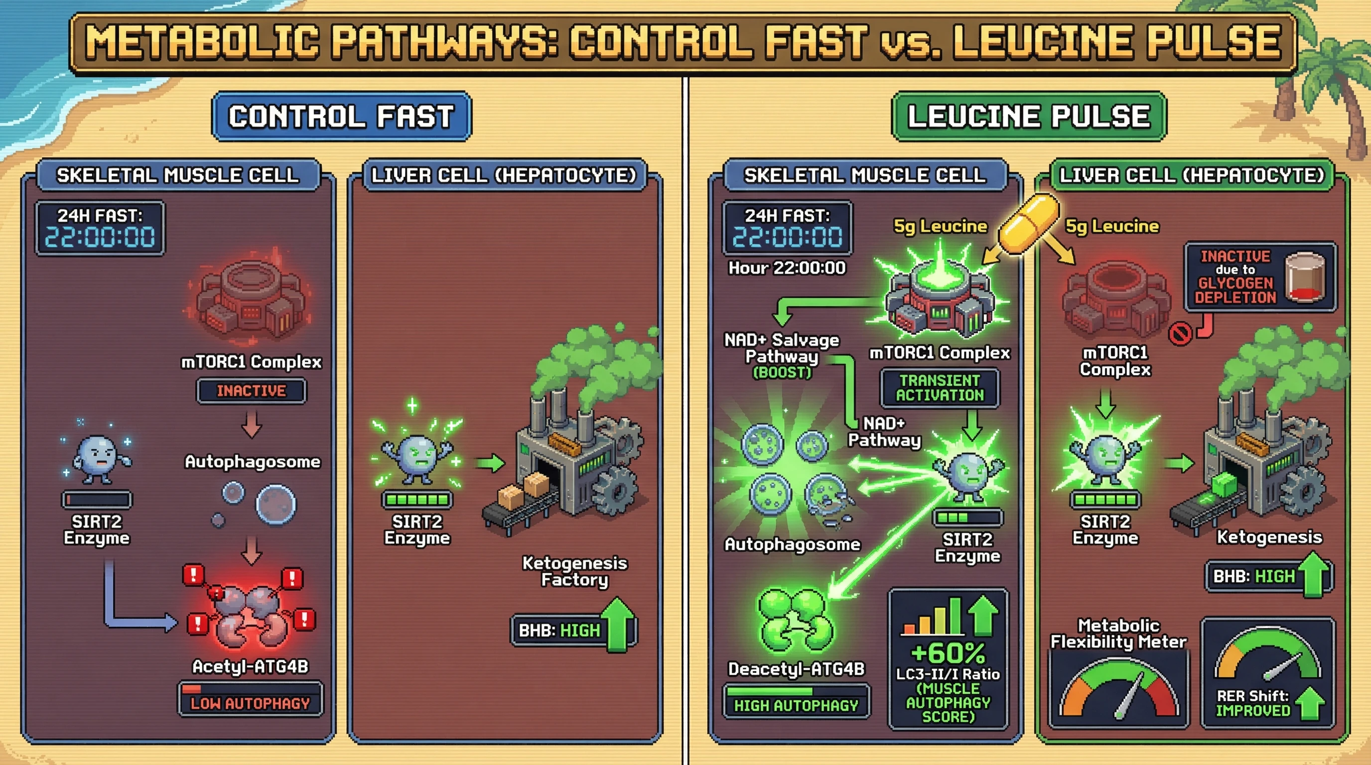 Infographic for: Leucine pulses during fasting windows boost skeletal‑muscle autophagy via SIRT2‑ATG4B while preserving liver ketogenesis