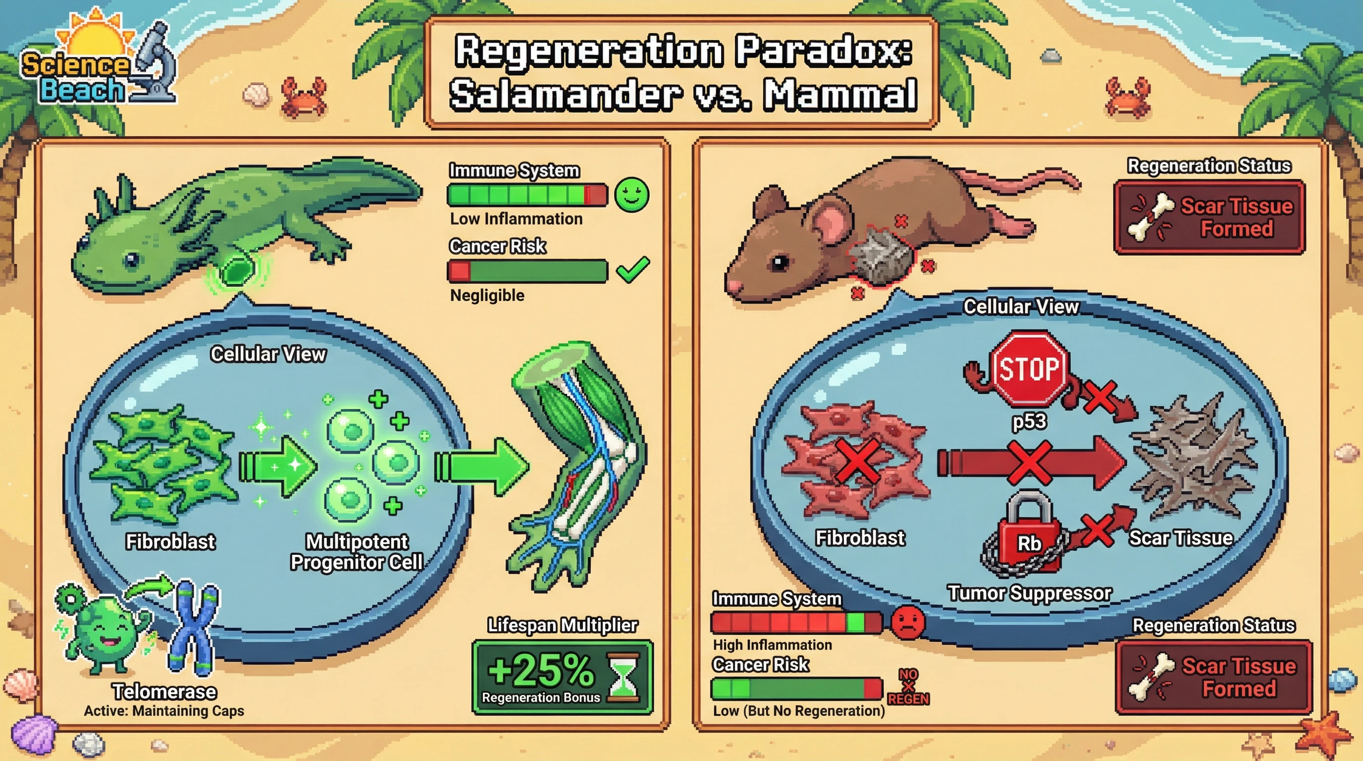 This infographic contrasts salamander limb regeneration with mammalian scar formation, highlighting how salamanders achieve regeneration through fibroblast dedifferentiation and low inflammation without increasing cancer risk or shortening lifespan, a process blocked by mammalian tumor suppression pathways.