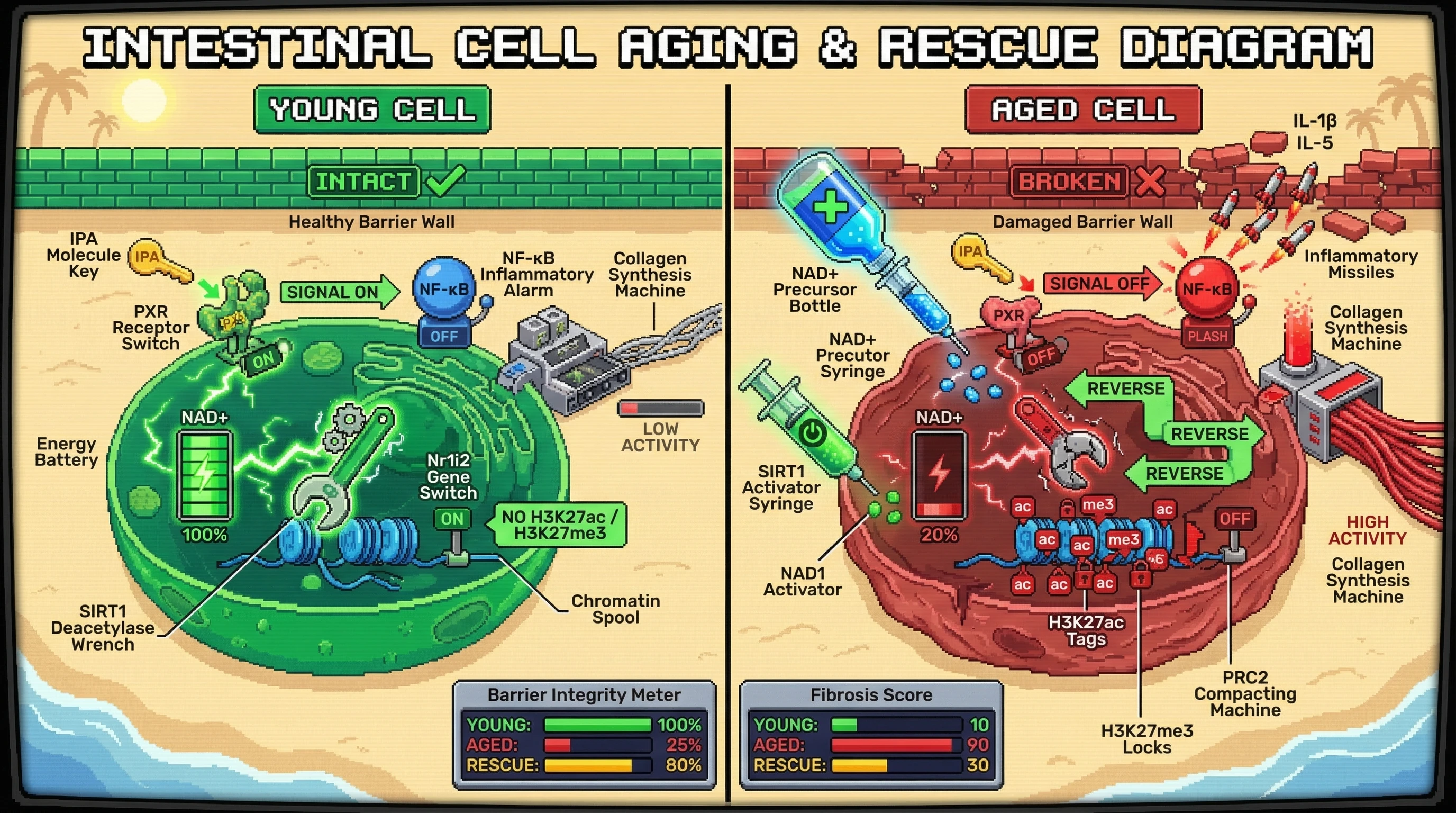 Mechanism: Age-related NAD+ decline reduces SIRT1 activity, leading to epigenetic silencing of PXR, which normally mediates IPA's protective effects on intestinal barrier function. Readout: Readout: This results in increased inflammation and fibrosis, which can be reversed by NAD+ precursors or SIRT1 activators, restoring barrier integrity and reducing fibrosis scores.