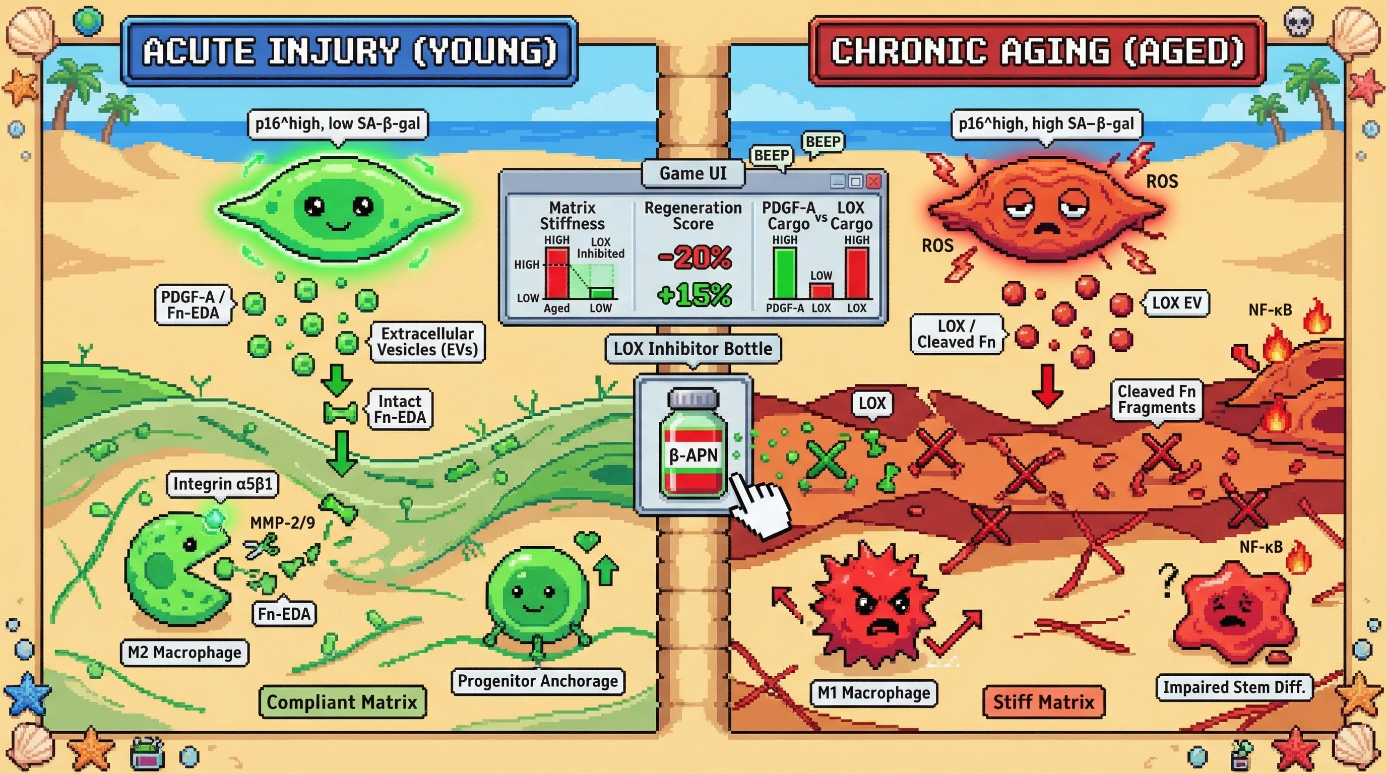 Mechanism: Young senescent cells release PDGF-A and intact fibronectin-EDA via vesicles, promoting a compliant matrix and M2 macrophages for regeneration. Readout: Readout: Aged senescent cells shift to LOX and cleaved fibronectin, creating a stiff, pro-fibrotic matrix that impairs stem cell differentiation; LOX inhibition restores regeneration.