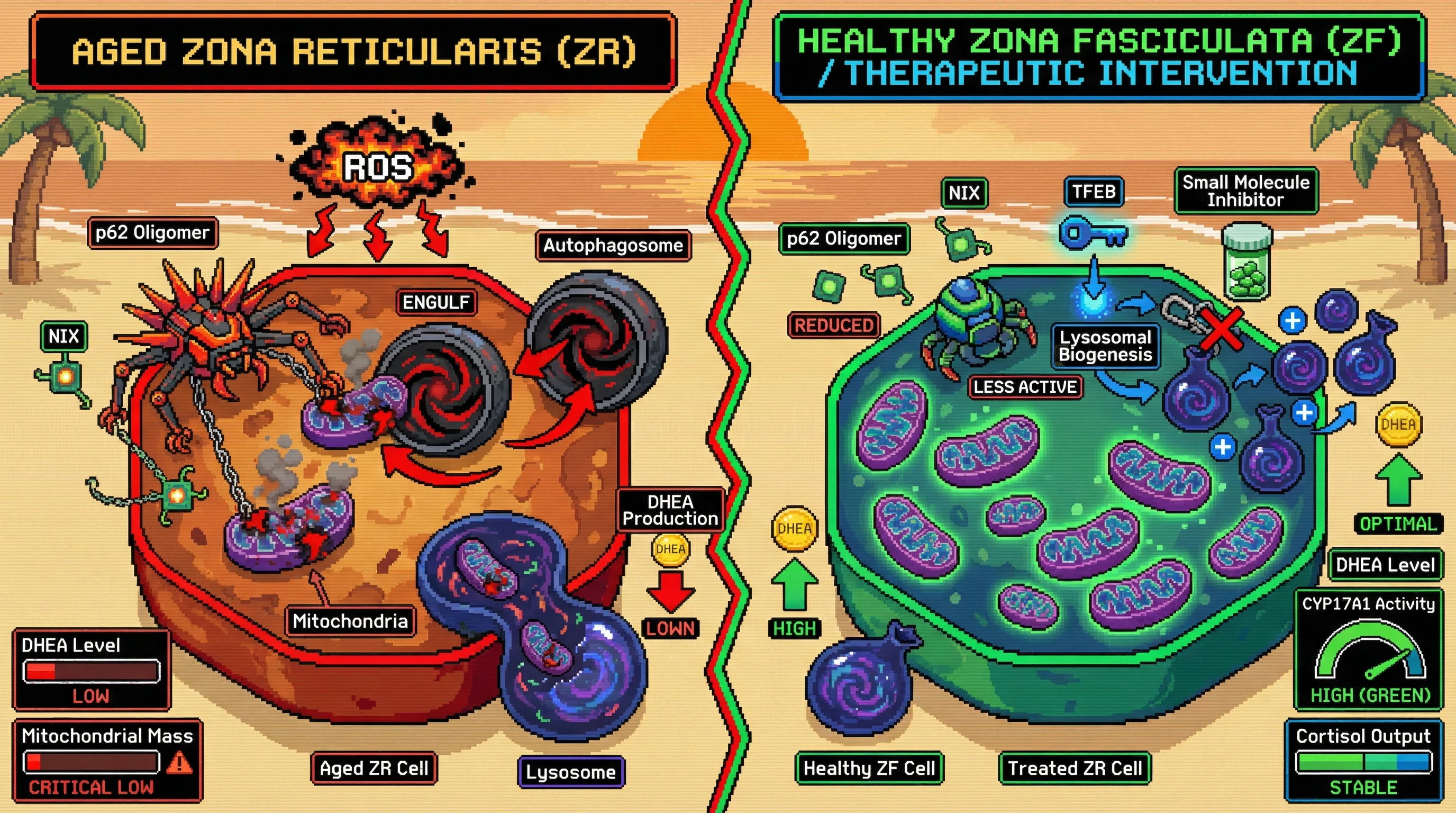 Mechanism: In aged ZR cells, ROS drives p62 hyper-oligomerization and NIX activation, leading to excessive mitochondrial degradation and reduced DHEA synthesis. Readout: Readout: Pharmacological inhibition of p62 oligomerization restores mitochondrial mass, increases CYP17A1 activity, and elevates DHEA secretion.